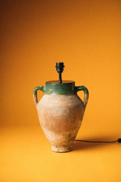 20th-Century Turkish Olive Jar Table Lamp with Green Glaze Terracotta Vessel