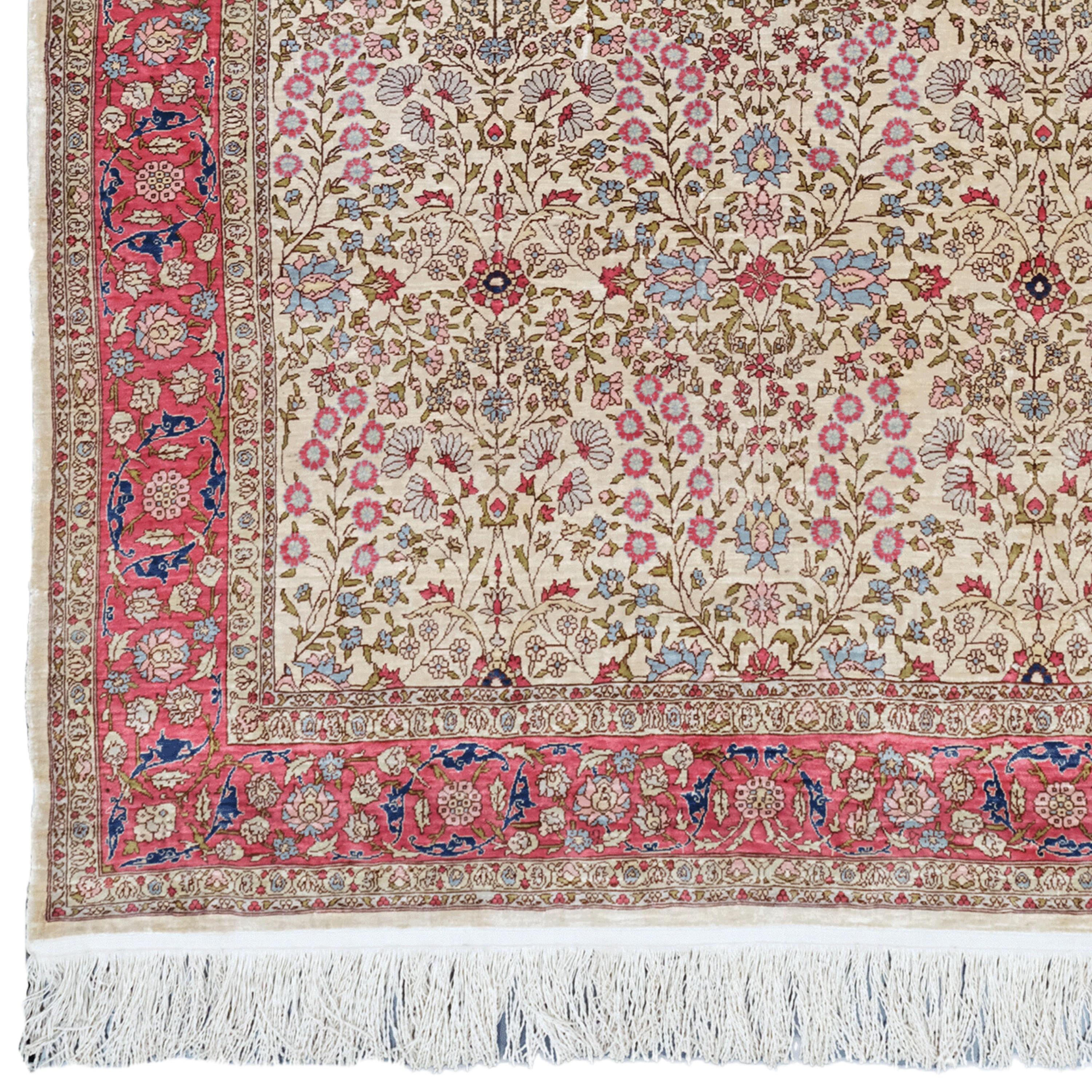 20th Century Antique Hereke Silk Rug

This 20th century antique Turkish Hereke silk carpet stands out with its elegant patterns, luxurious silk material and historical value coming from the rare carpet-making tradition of the famous Hereke