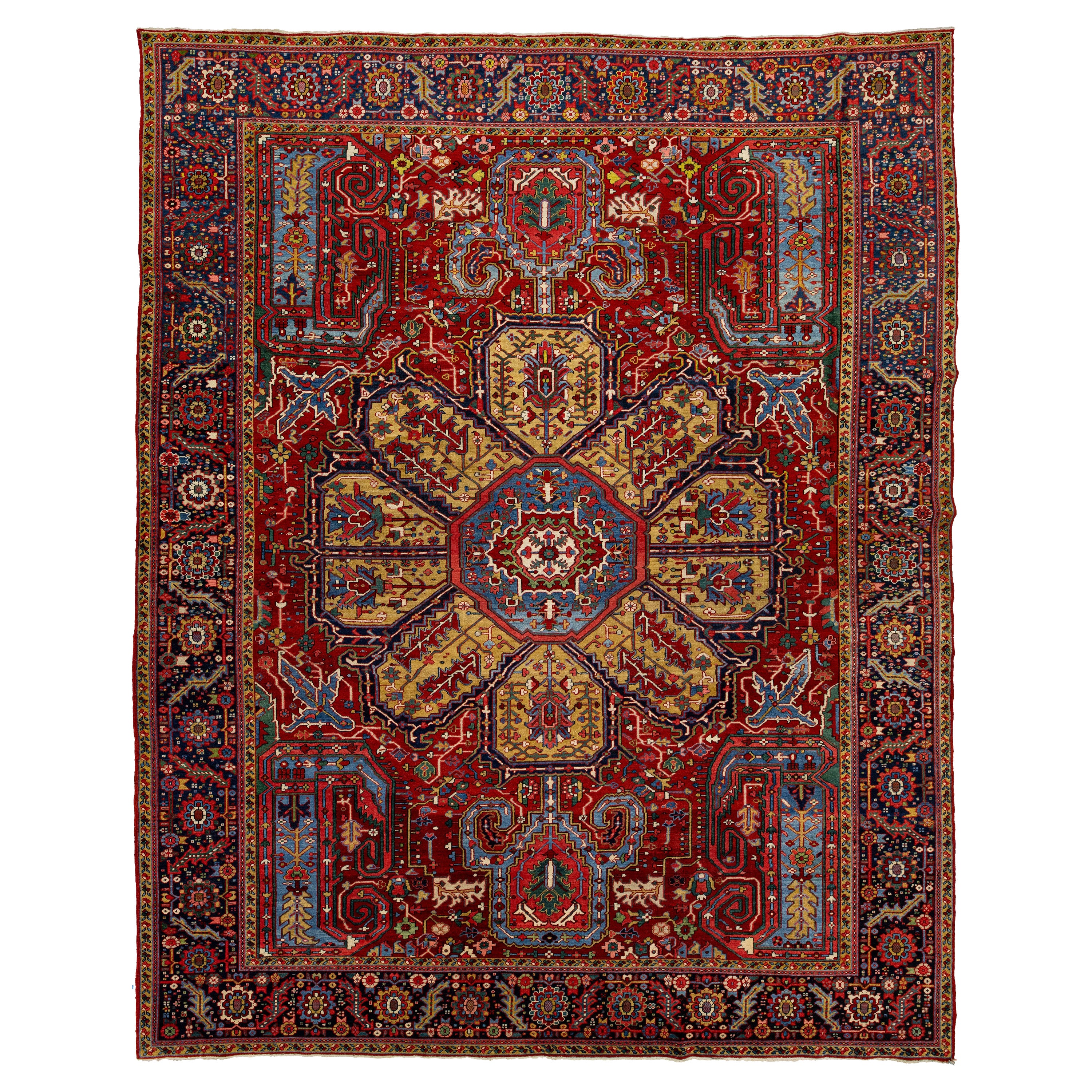 Tappeto Heriz antico del XX secolo con medaglione floreale multicolore in lana