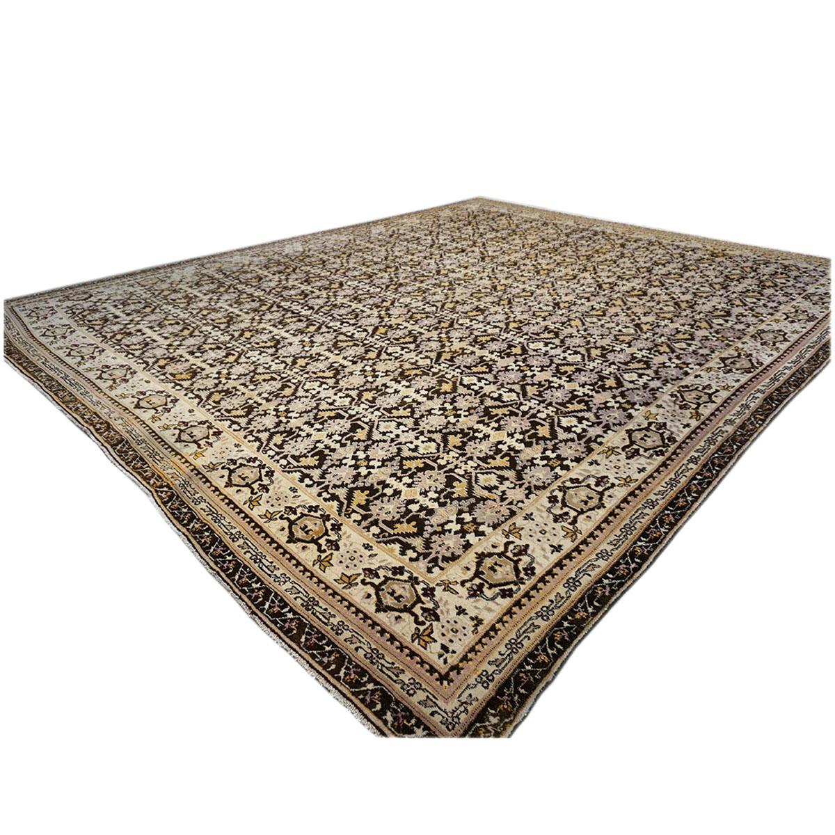 Hand-Crafted 20th Century Antique Indian Agra 12x14 Brown & Ivory Handmade Area Rug For Sale