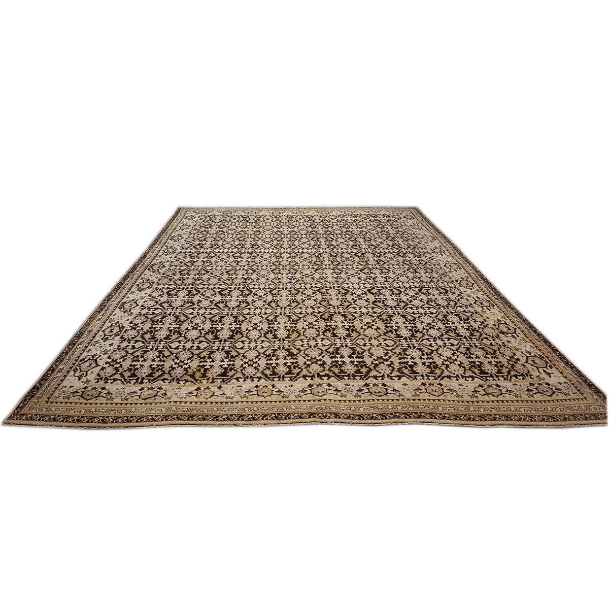 20th Century Antique Indian Agra 12x14 Brown & Ivory Handmade Area Rug In Good Condition For Sale In Houston, TX