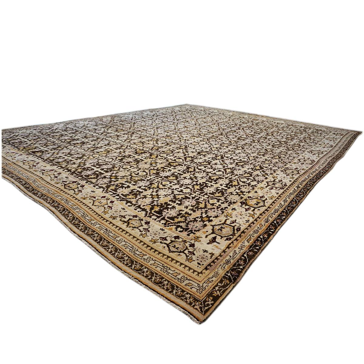 Early 20th Century 20th Century Antique Indian Agra 12x14 Brown & Ivory Handmade Area Rug For Sale