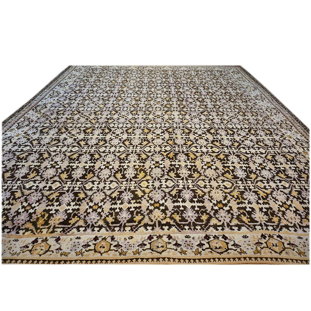 Wool 20th Century Antique Indian Agra 12x14 Brown & Ivory Handmade Area Rug For Sale