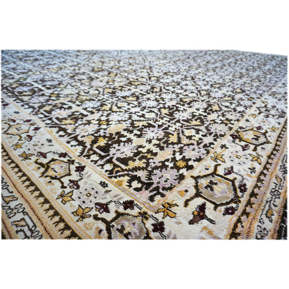 20th Century Antique Indian Agra 12x14 Brown & Ivory Handmade Area Rug For Sale 2