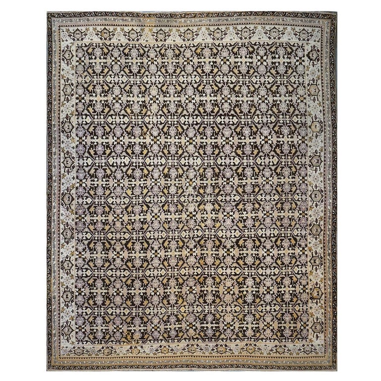 20th Century Antique Indian Agra 12x14 Brown and Ivory Handmade Area Rug  For Sale at 1stDibs