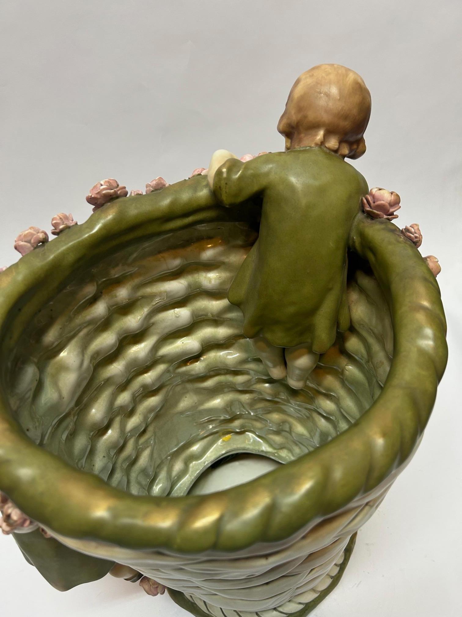 20th Century Antique Italian Pottery Vase with Flowers and Children For Sale 6