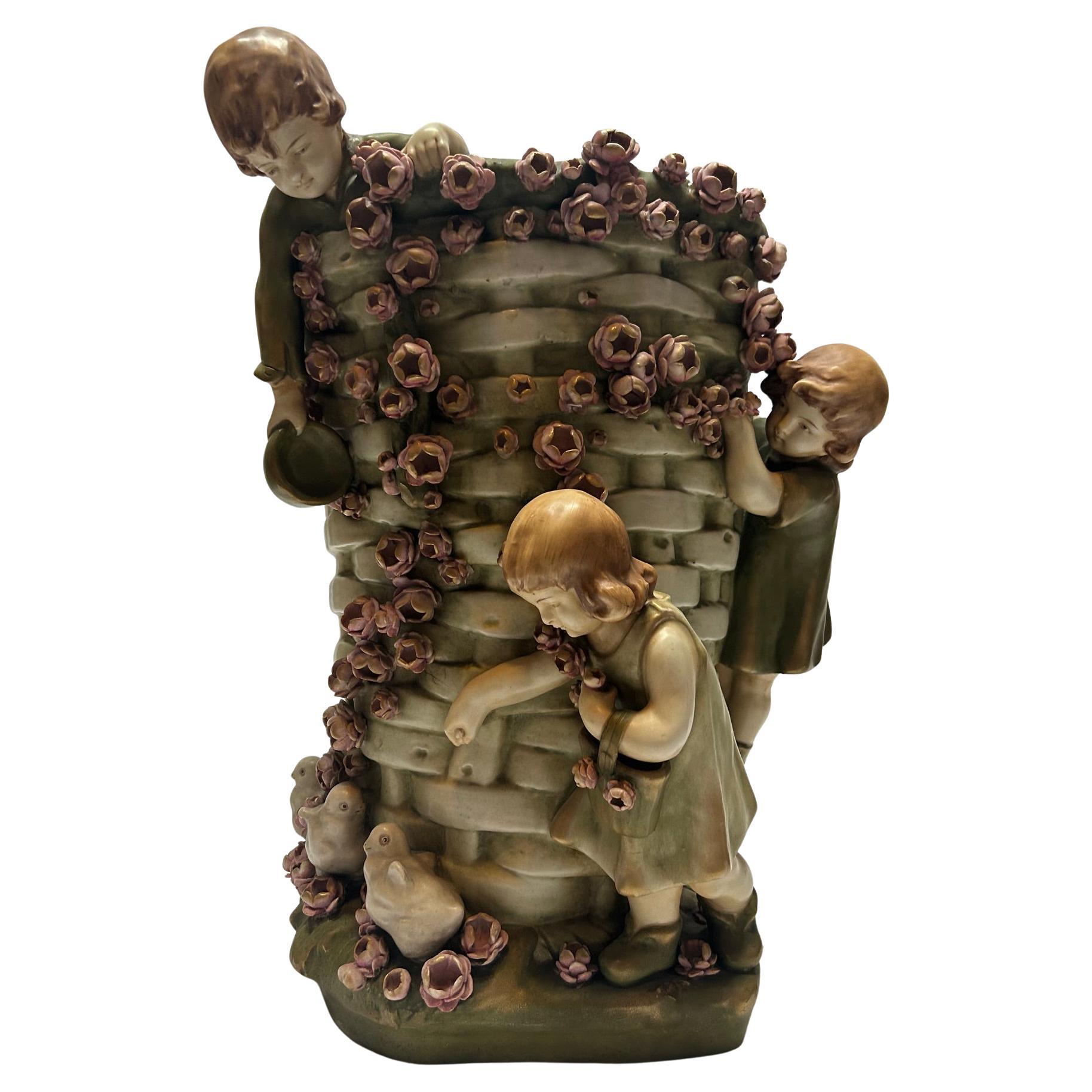 20th Century Antique Italian Pottery Vase with Flowers and Children For Sale