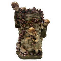 20th Century Antique Italian Pottery Vase with Flowers and Children