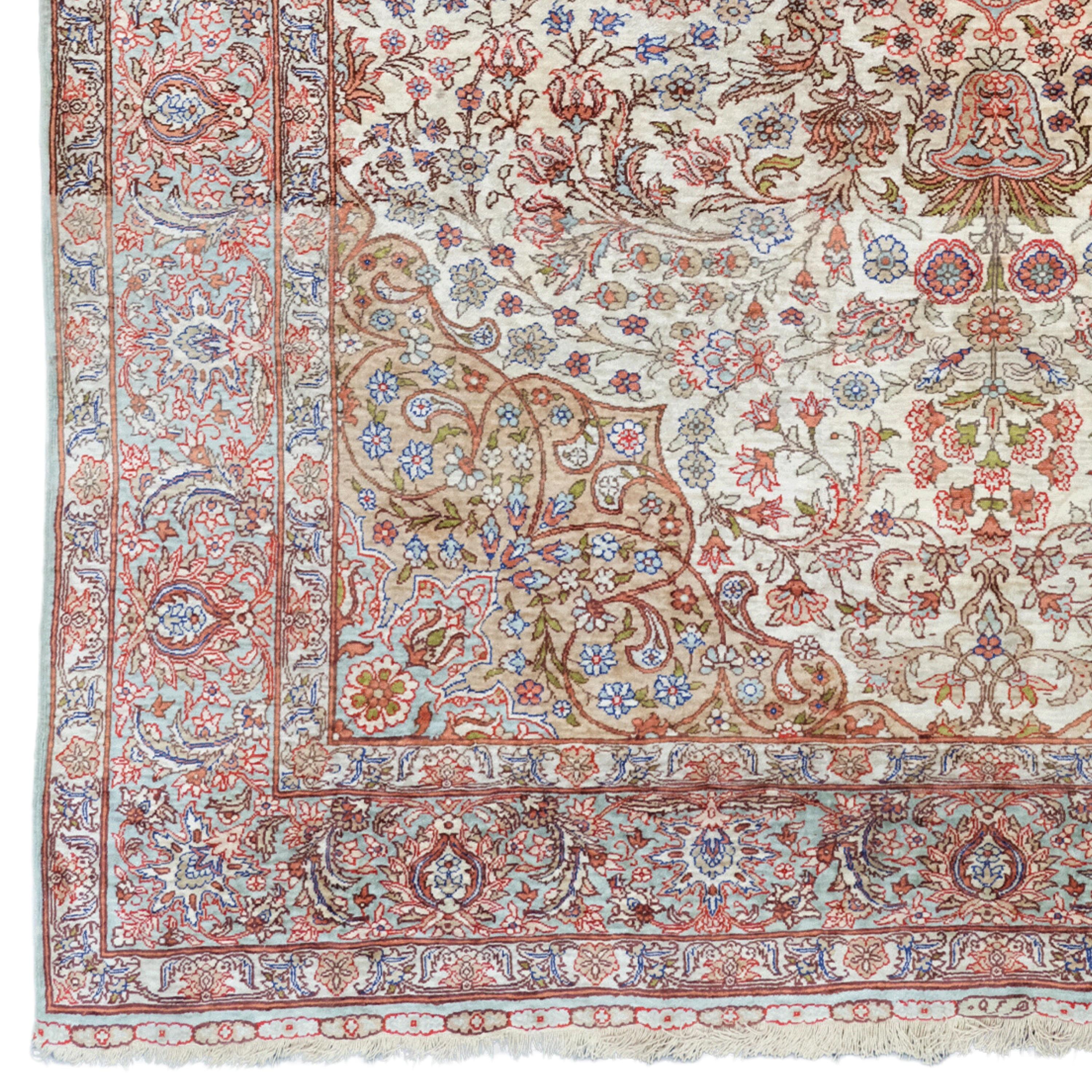 20th Century Antique Kayseri Silk Rug

This 20th century antique silk Kayseri rug stands out as a unique and valuable piece for collectors and interior design enthusiasts.

Patterns: This carpet is decorated with intricate and elegant patterns. The