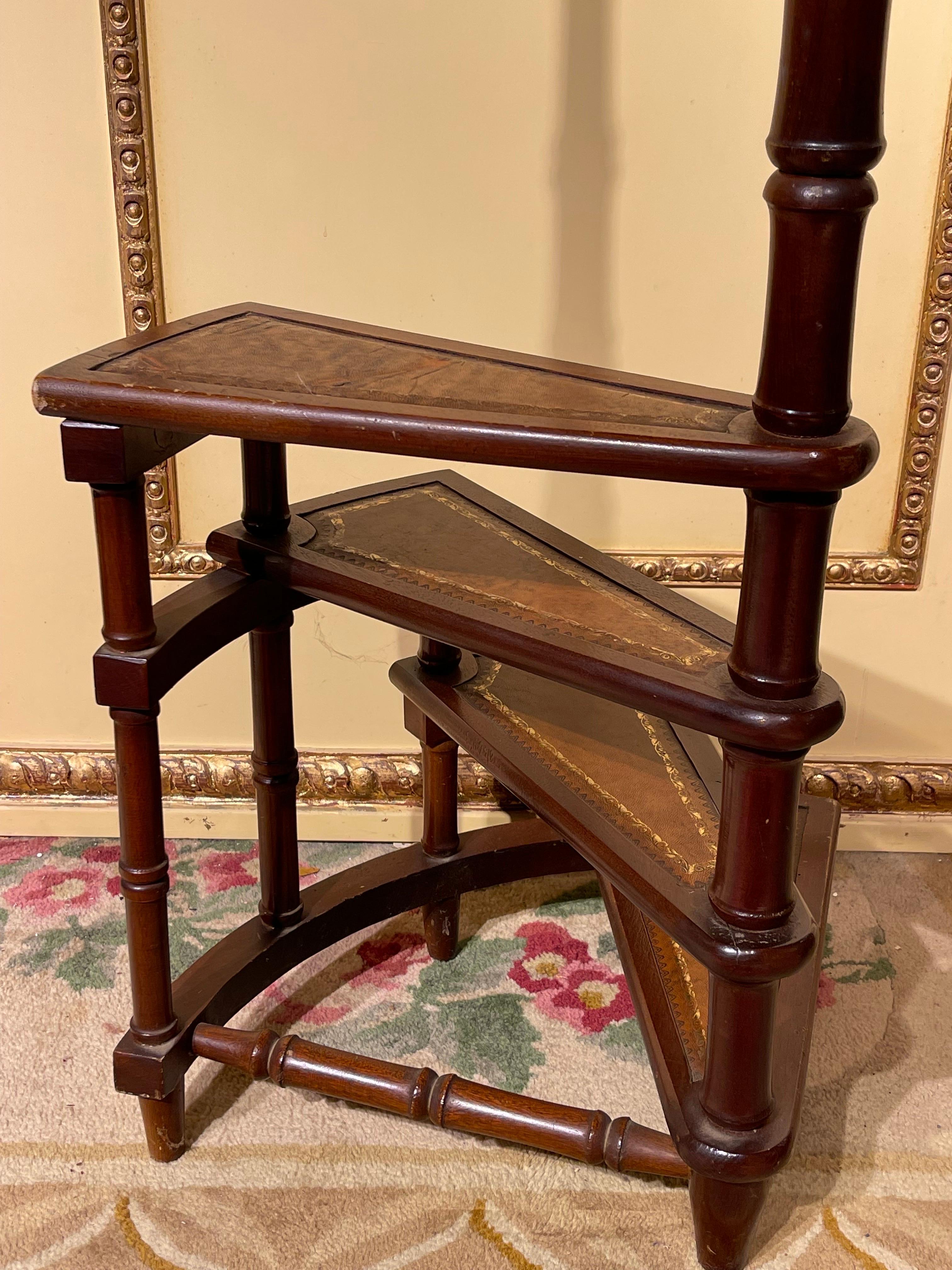 Leather 20th Century Antique Library Ladder / Step Ladder, Mahogany England