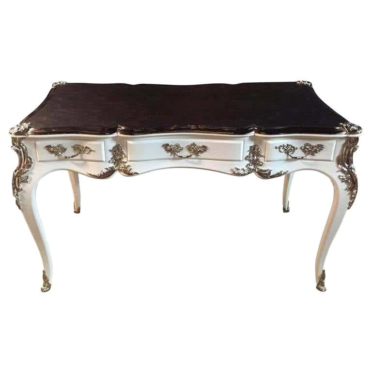 20th Century antique Louis XV Style Bureau Plat Writing Table Piano White