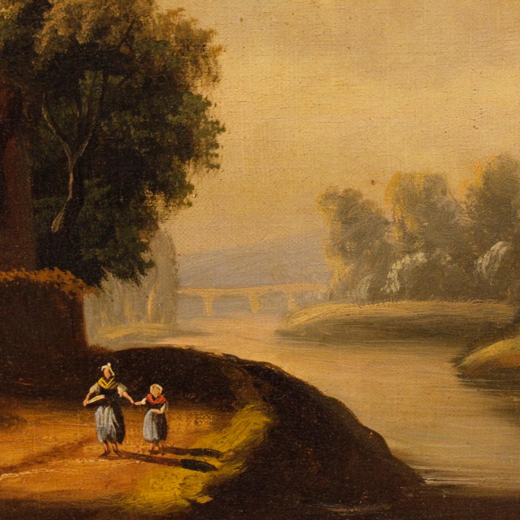 Late 19th Century 20th Century Antique Oil on Canvas French Painting with Landscape and Characters