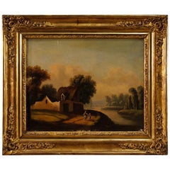 20th Century Antique Oil on Canvas French Painting with Landscape and Characters