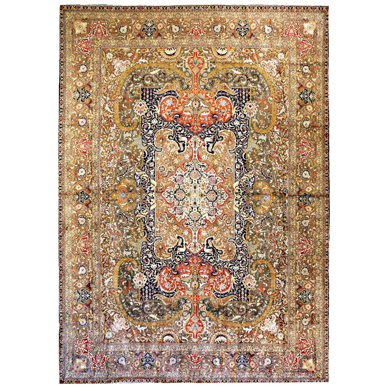 20th Century Antique Oversize Persian Tabriz Rug with Colorful Floral Details