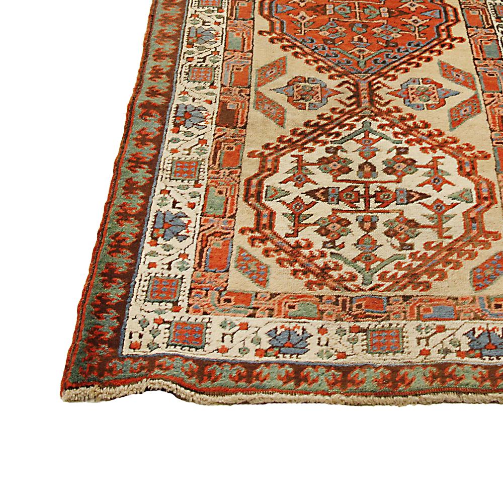 Hand-Woven 20th Century Antique Persian Azerbaijan Runner Rug with Red and Ivory Medallions For Sale