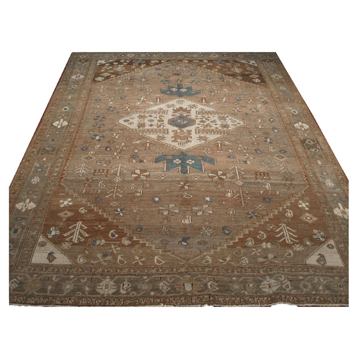 20th Century Antique Persian Heriz 7x9 Brown Handmade Area Rug In Distressed Condition For Sale In Houston, TX