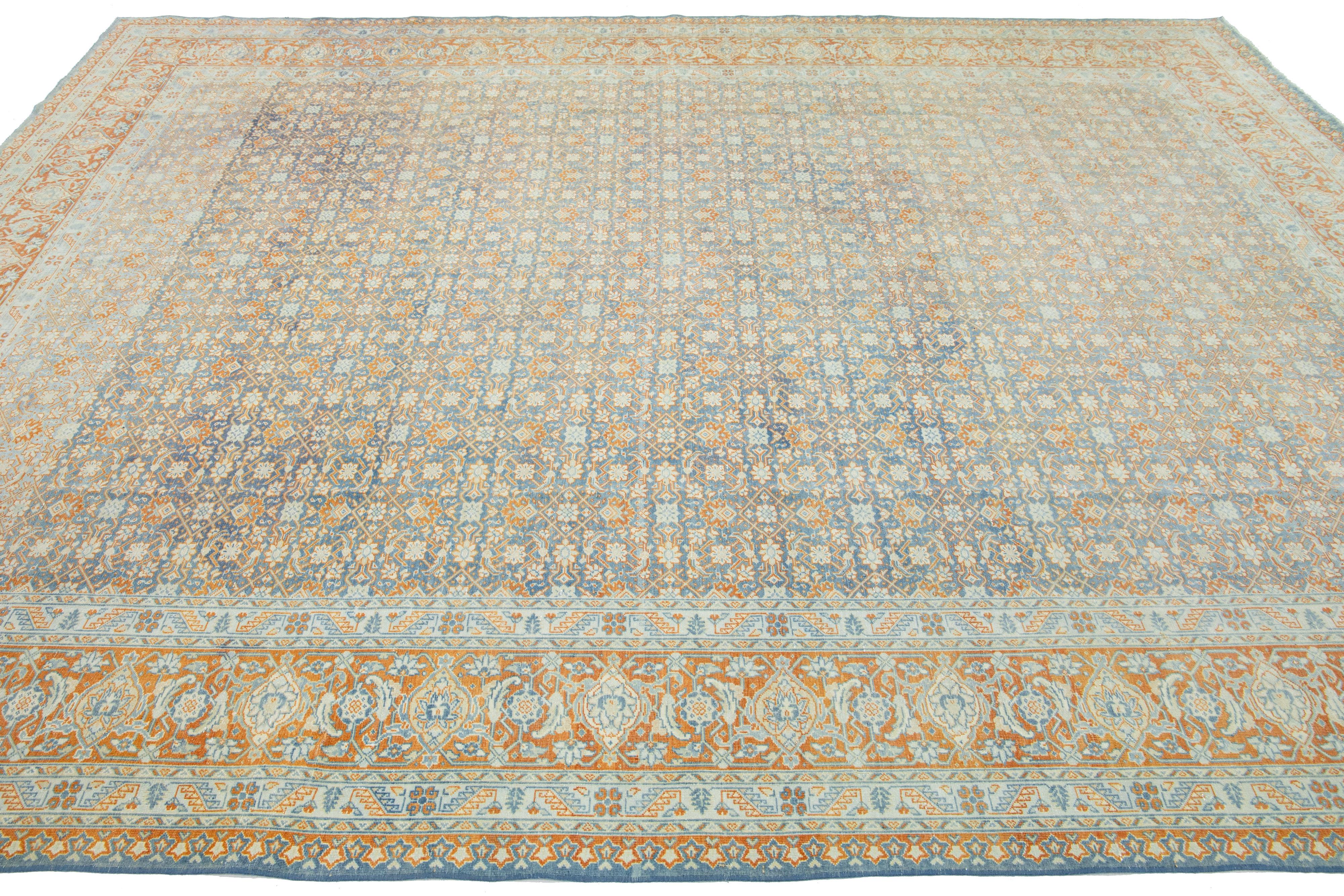 20th Century Antique Persian Malayer Allover Wool Rug Handmade In Blue & Orange  For Sale 1