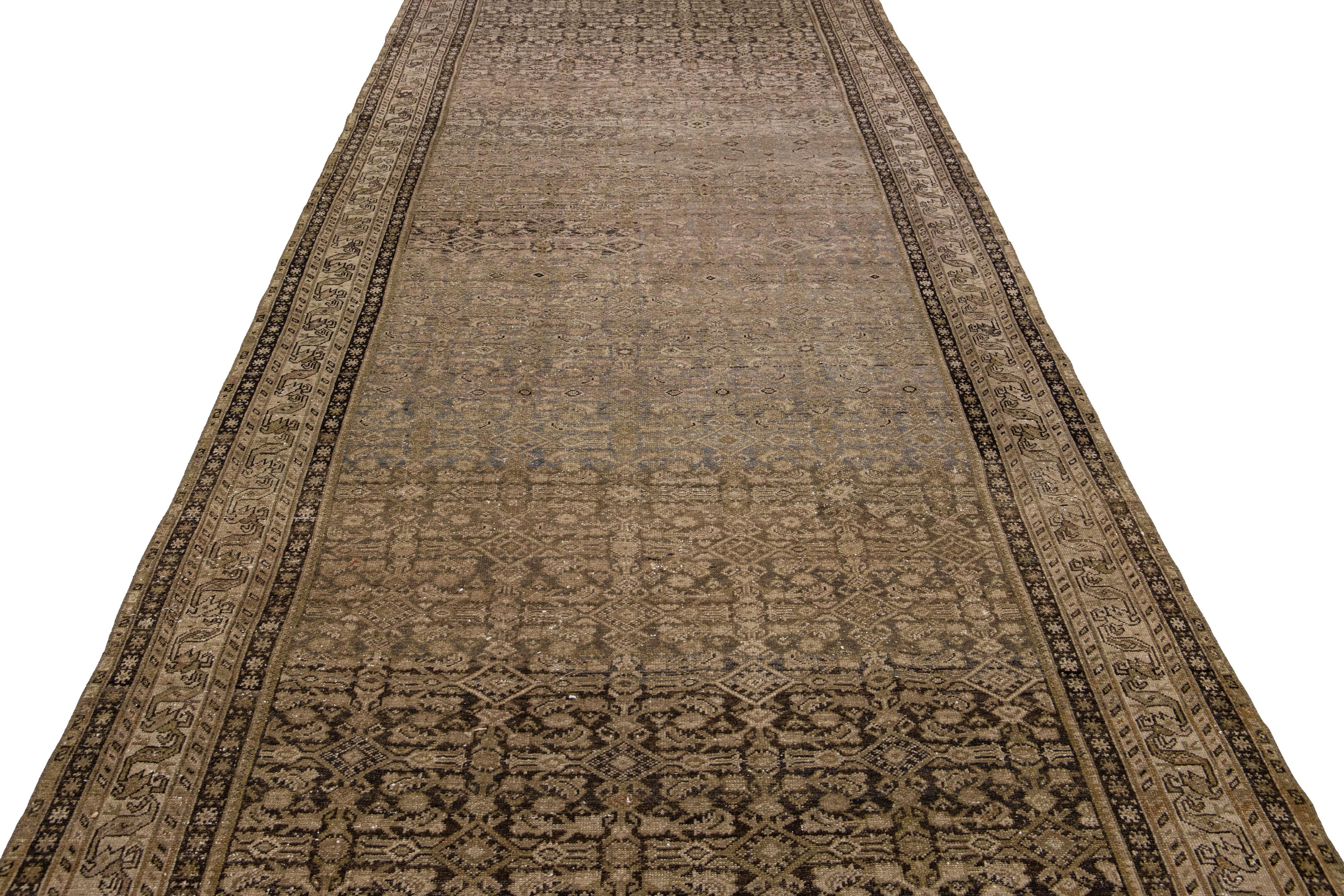 Hand-Knotted 20th Century Antique Persian Malayer Handmade Allover Motif Tan Wool Rug For Sale