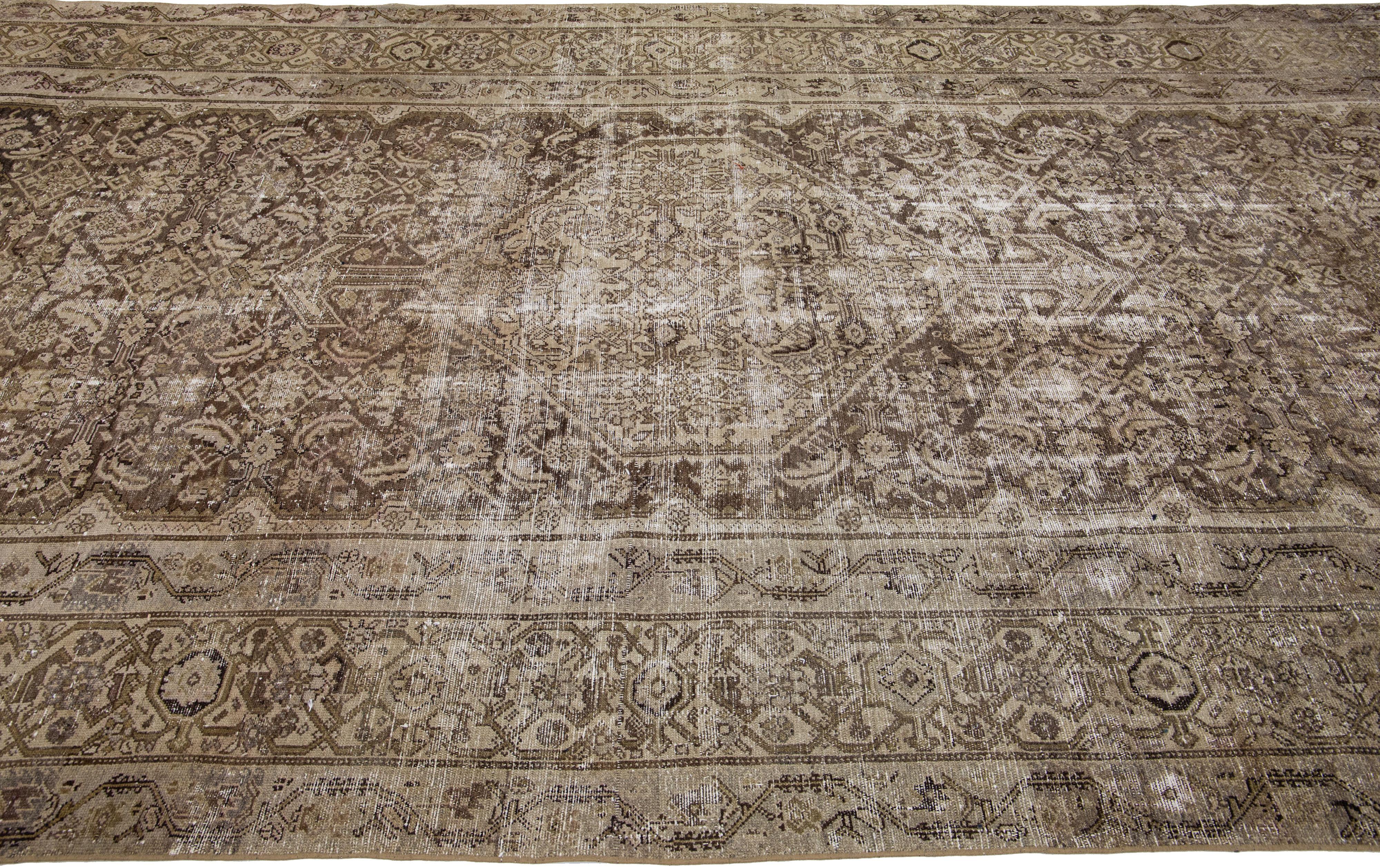 20th Century Antique Persian Malayer Handmade Medallion Brown Wool Rug For Sale 1