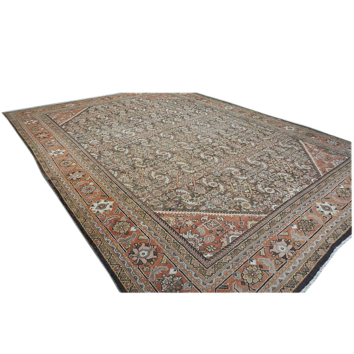 20th Century Antique Persian Sultanabad 10x14 Brown & Rust Handmade Area Rug In Good Condition For Sale In Houston, TX