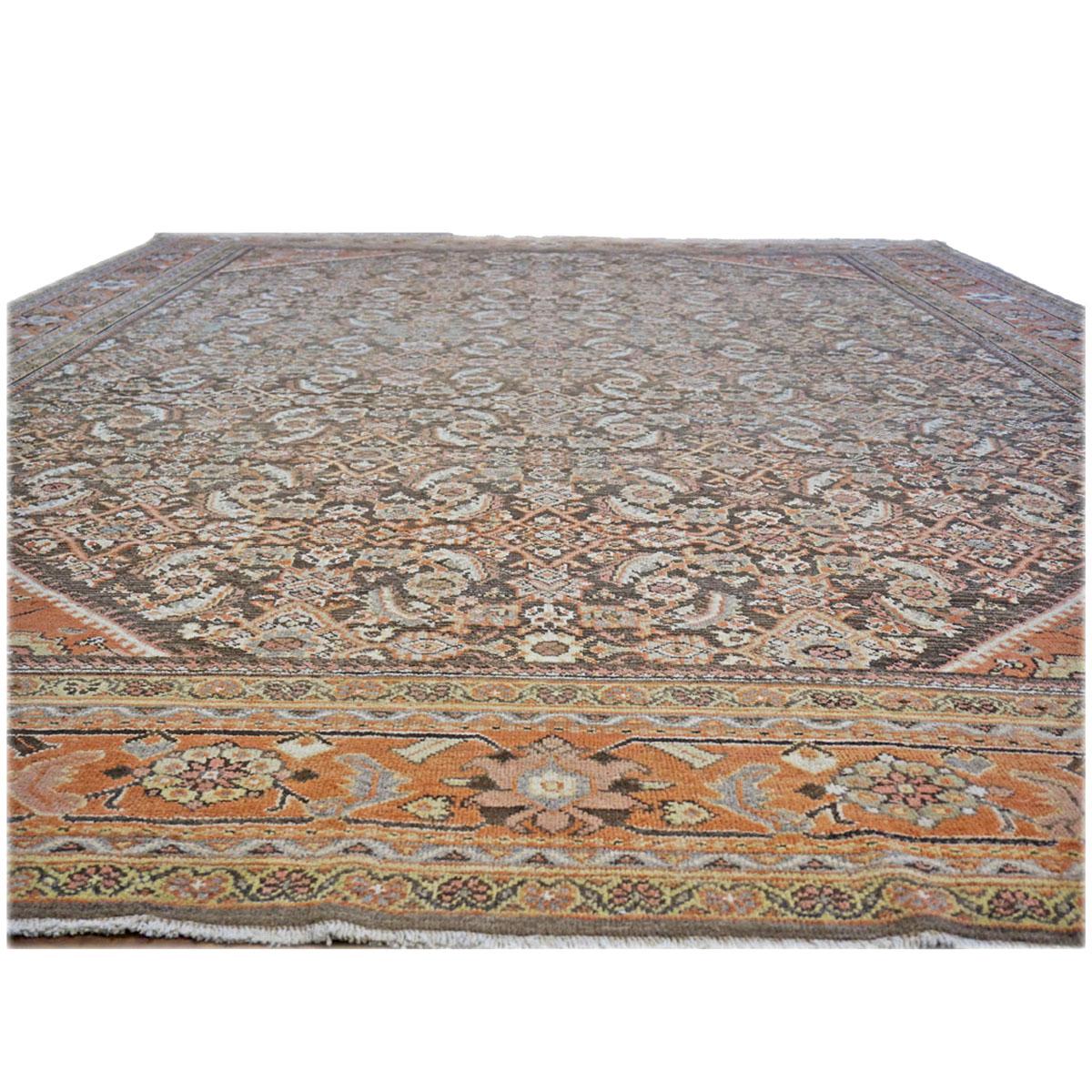 Wool 20th Century Antique Persian Sultanabad 10x14 Brown & Rust Handmade Area Rug For Sale