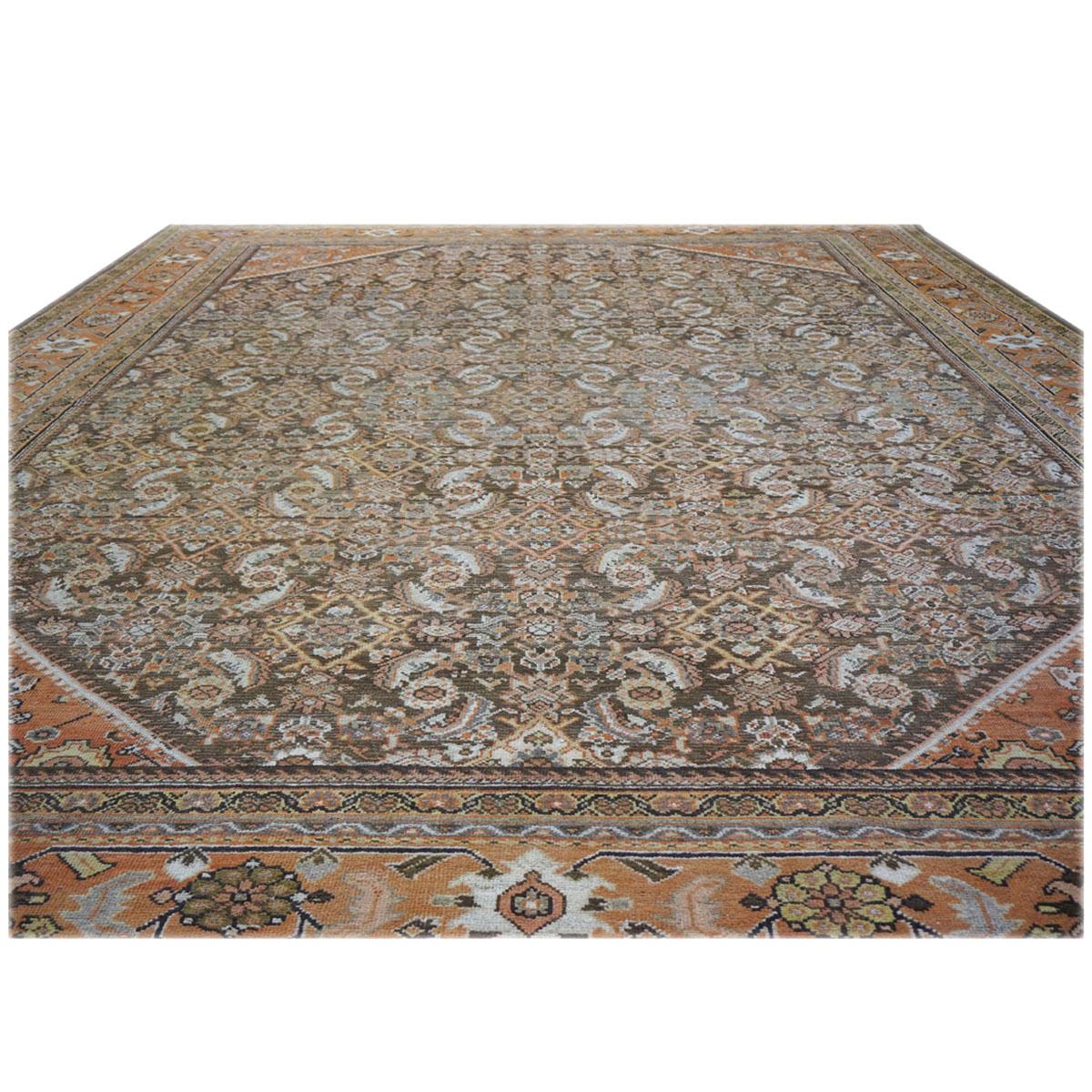 20th Century Antique Persian Sultanabad 10x14 Brown & Rust Handmade Area Rug For Sale 1
