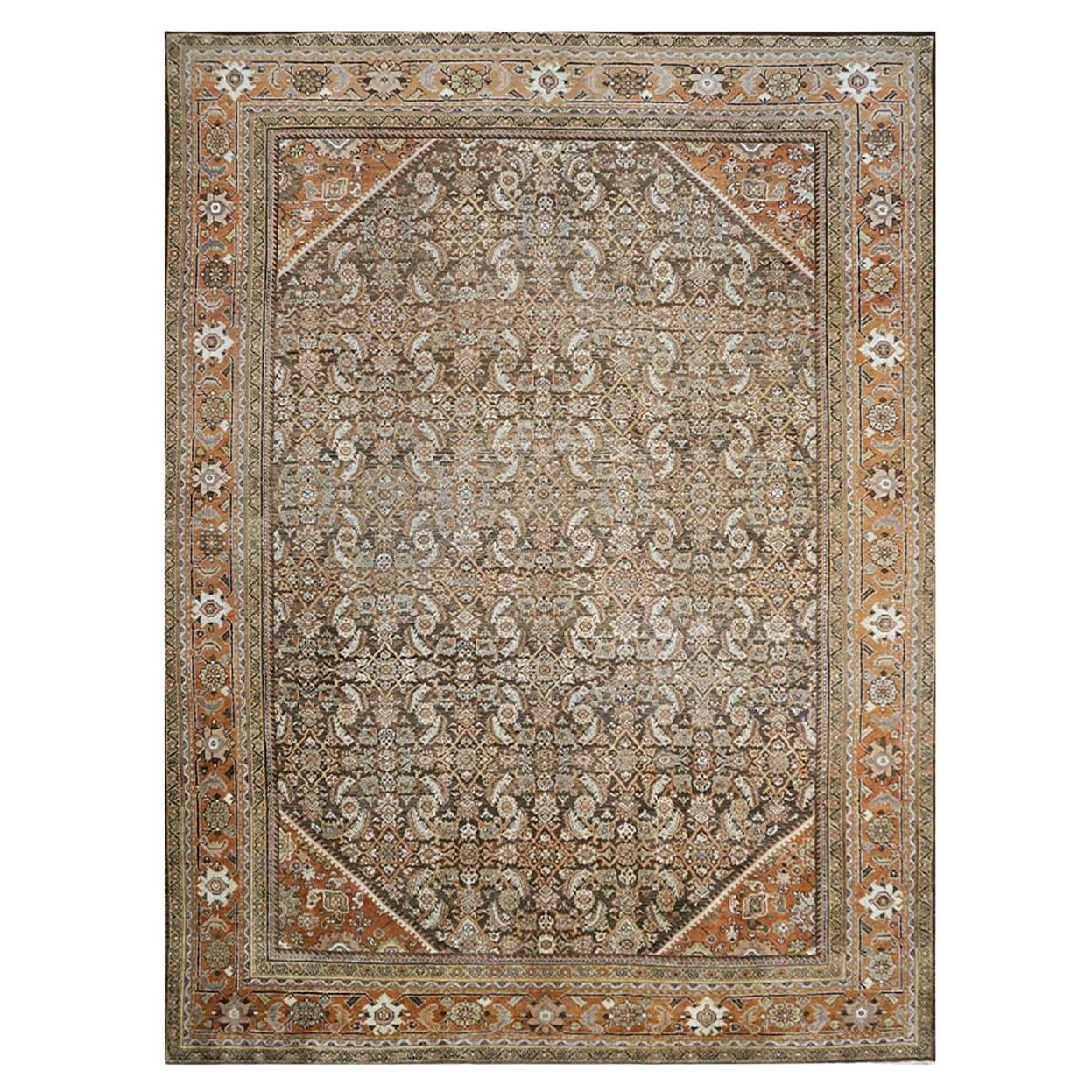 20th Century Antique Persian Sultanabad 10x14 Brown & Rust Handmade Area Rug For Sale