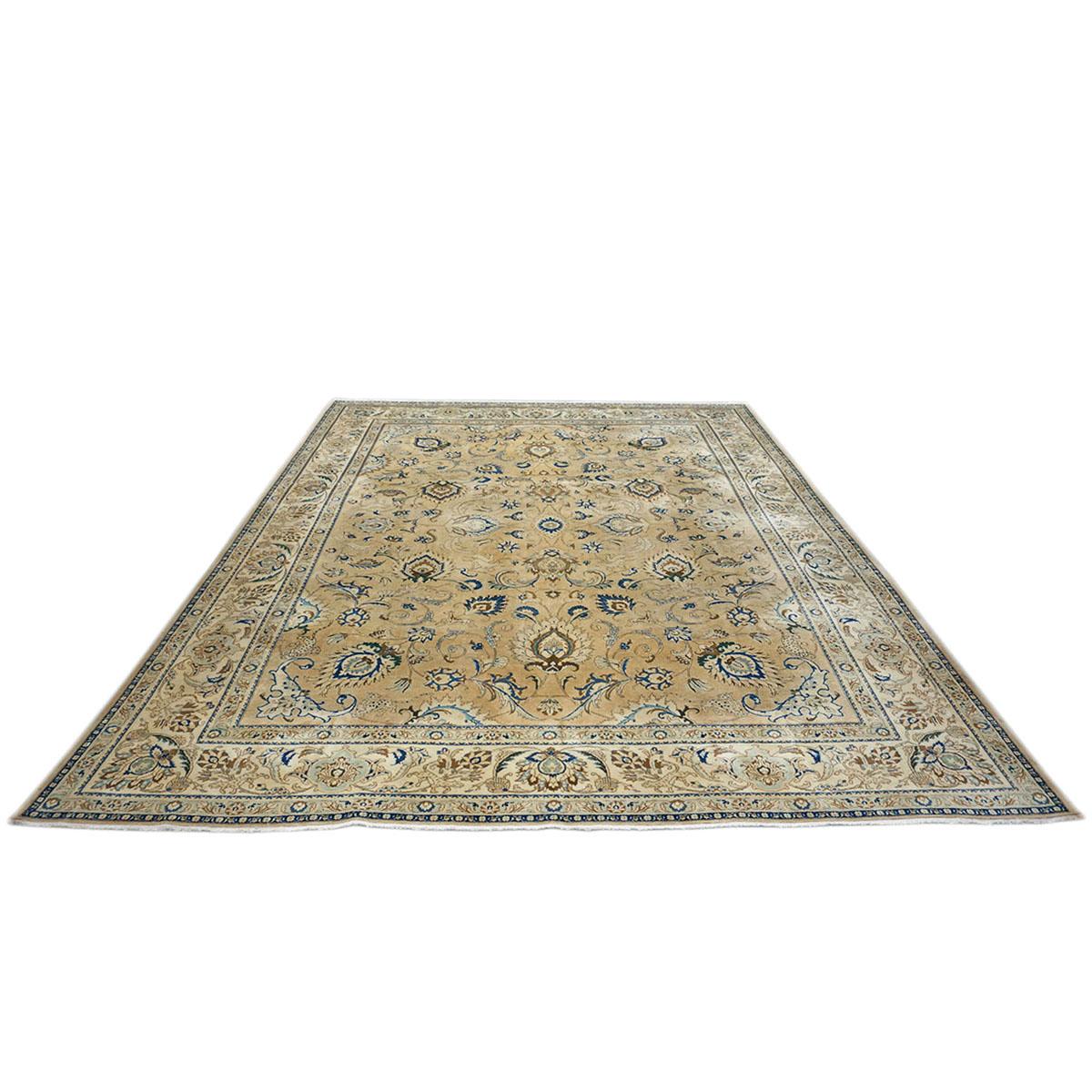 Hand-Woven 20th Century Antique Persian Tabriz 10x12 Tan, Ivory, & Blue Handmade Area Rug For Sale