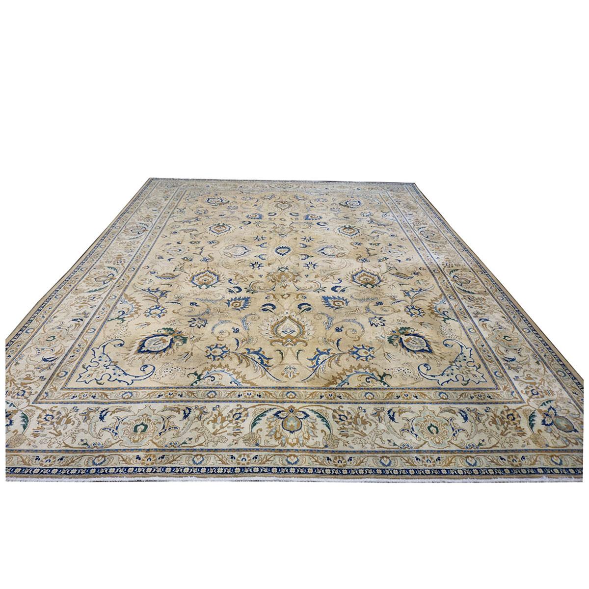 Early 20th Century 20th Century Antique Persian Tabriz 10x12 Tan, Ivory, & Blue Handmade Area Rug For Sale