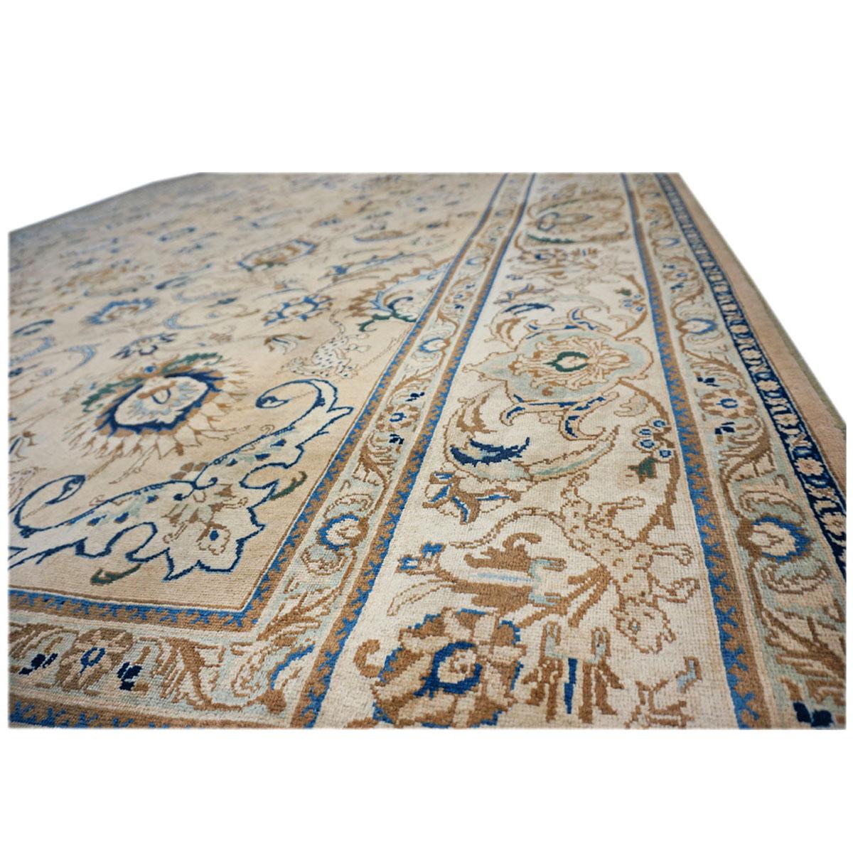 20th Century Antique Persian Tabriz 10x12 Tan, Ivory, & Blue Handmade Area Rug For Sale 2