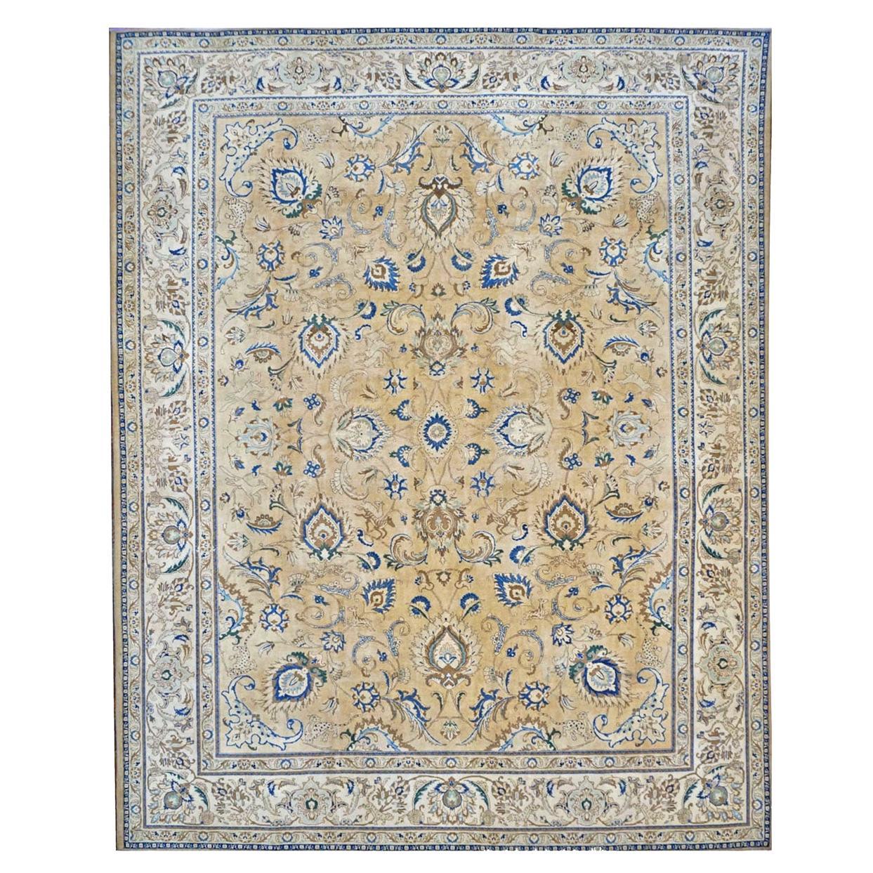 Antiker persischer Tabriz-Teppich des 20. Jahrhunderts 10x12 in Hellbraun, Elfenbein und Blau, handgefertigt