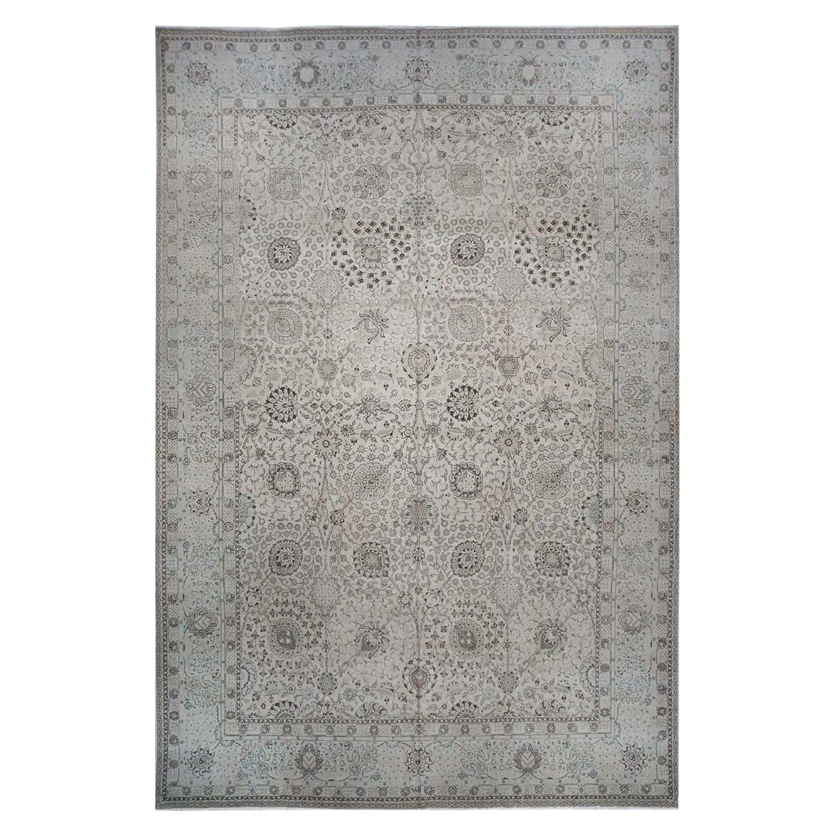 20th Century Antique Persian Tabriz 12x19 Bone & Grey Handmade Area Rug For Sale