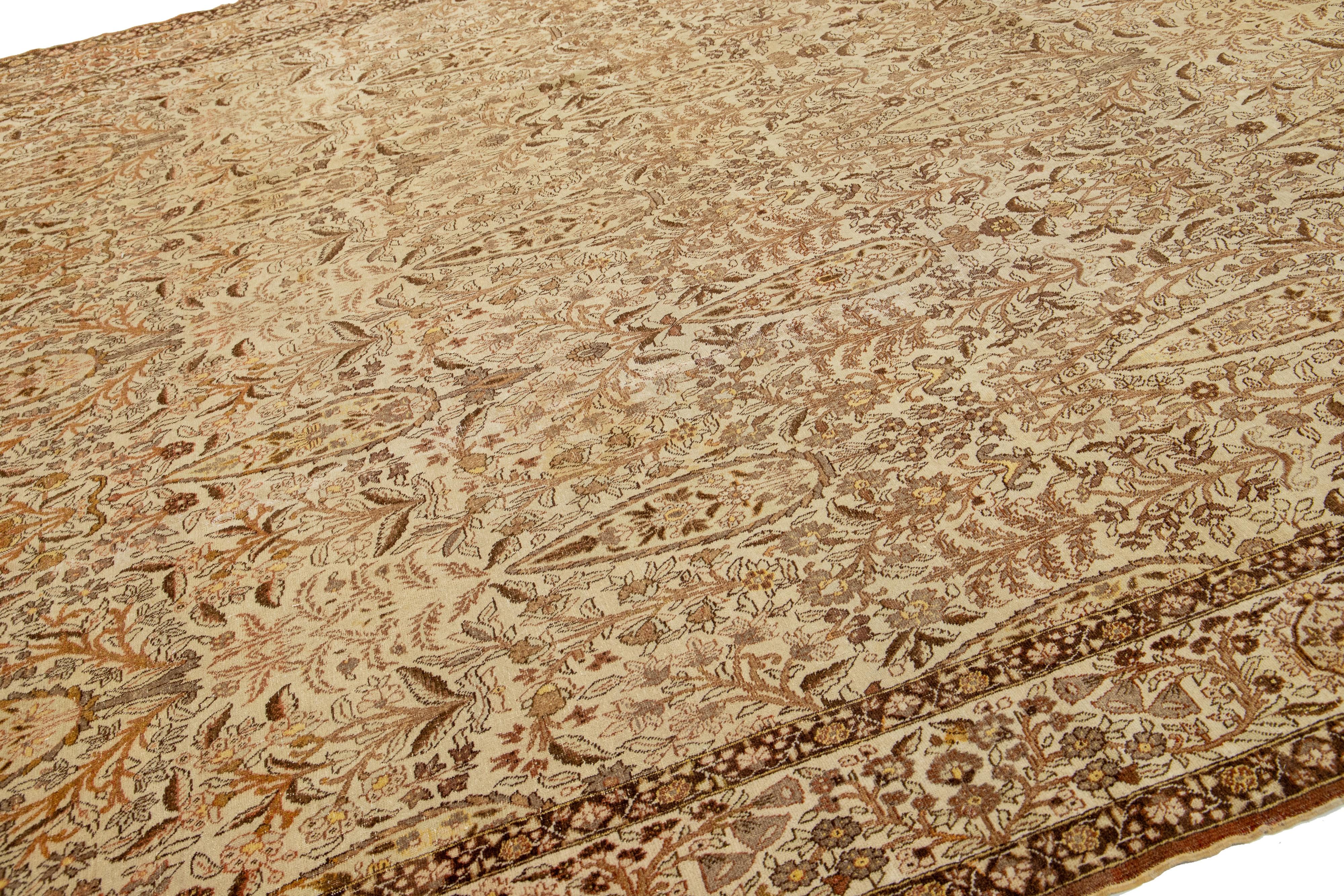 20th Century Antique Persian Tabriz Handmade Beige Wool Rug With Allover Pattern For Sale 6