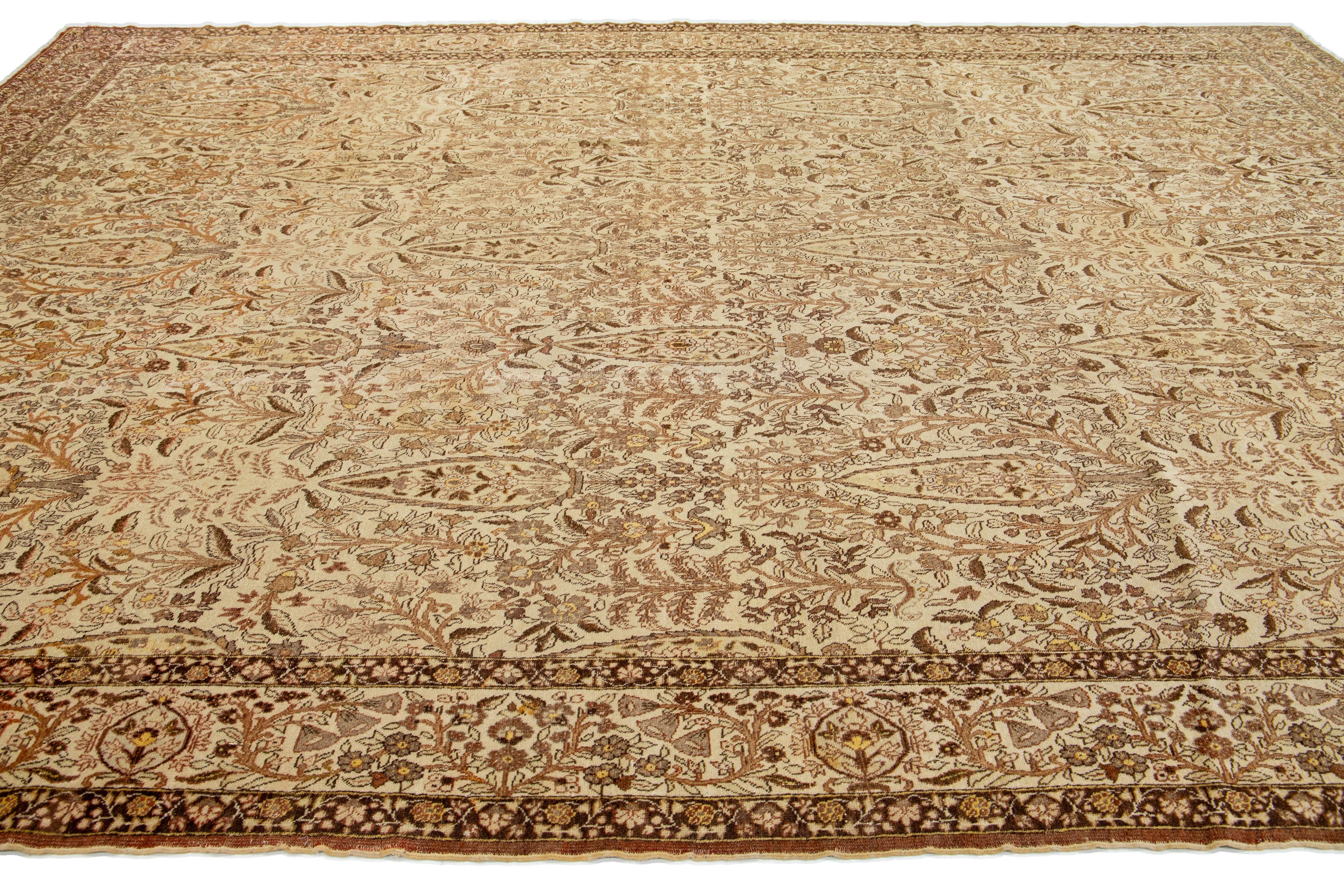 20th Century Antique Persian Tabriz Handmade Beige Wool Rug With Allover Pattern For Sale 5