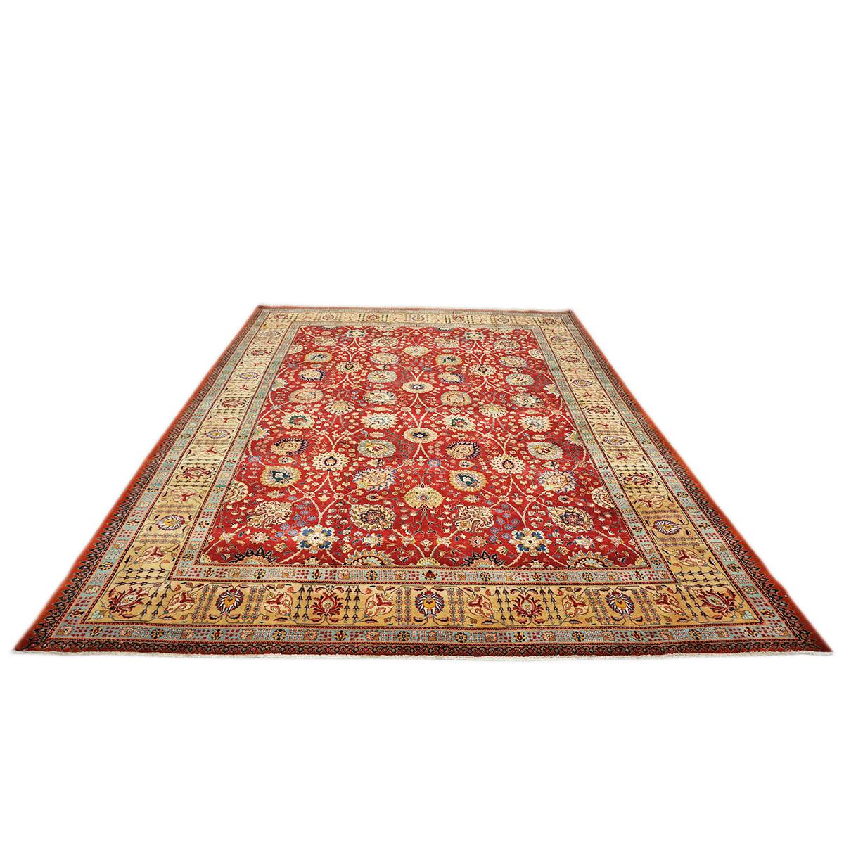 Ashly Fine Rugs presents an Antique Persian Tabriz circa 1930, handwoven in Iran with handspun wools and vegetable dyes, vibrant red background with an ivory border and teal accents. These rugs are better known as the Pahlavi Dynasty rugs, they were