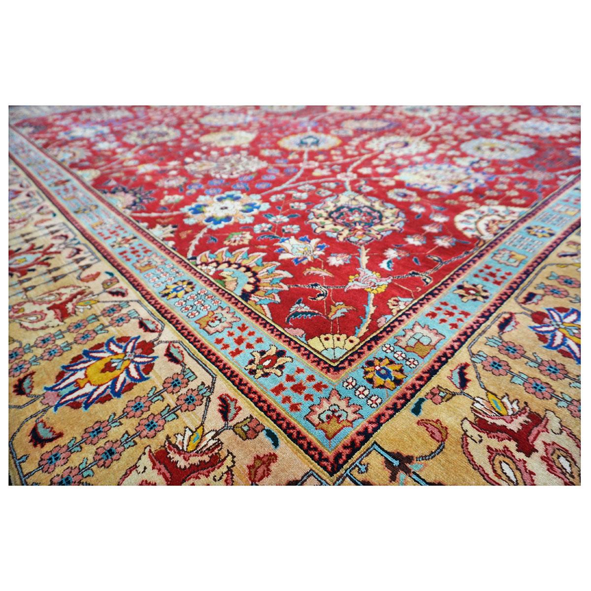 Wool 20th Century Antique Persian Tabriz Pahlavi 10x13 Red & Gold Handmade Area Rug For Sale