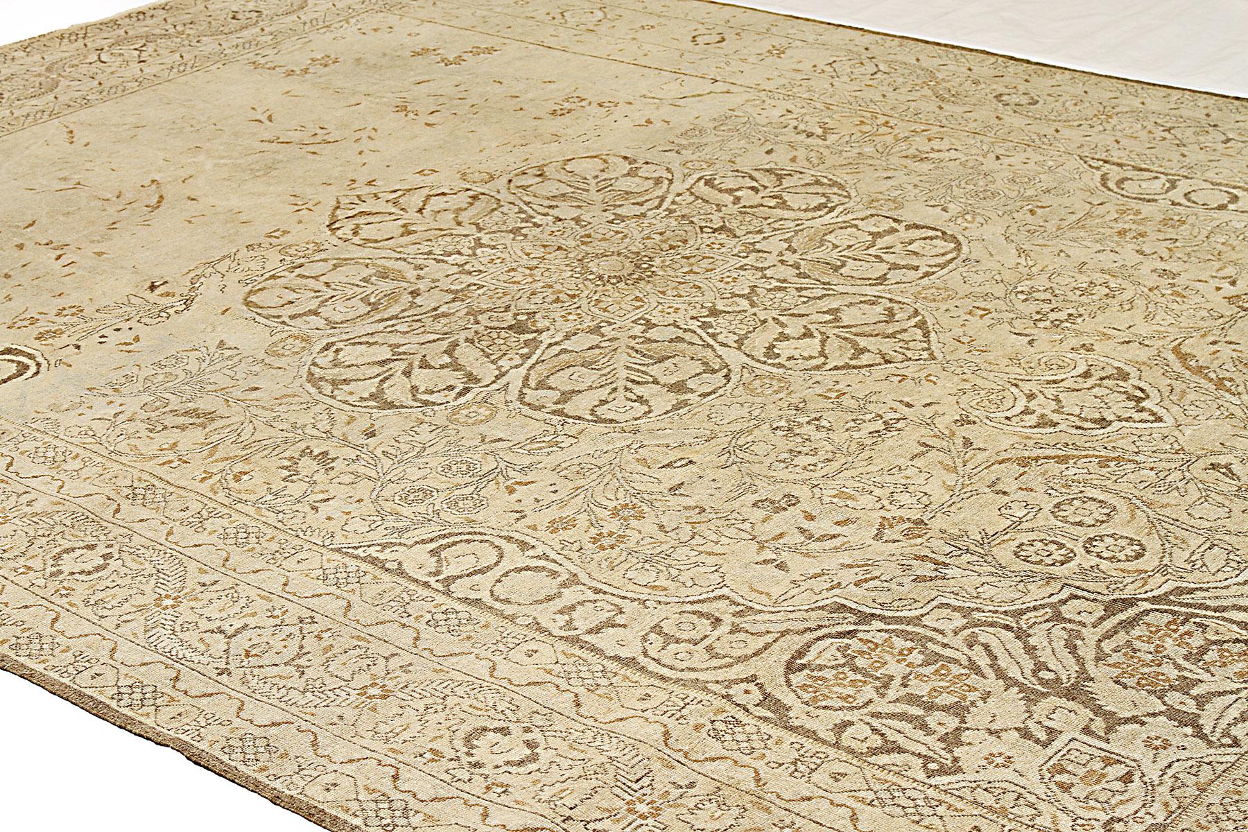 Hand-Woven 20th Century Antique Persian Tabriz Rug with Black & Brown Flower Motifs For Sale