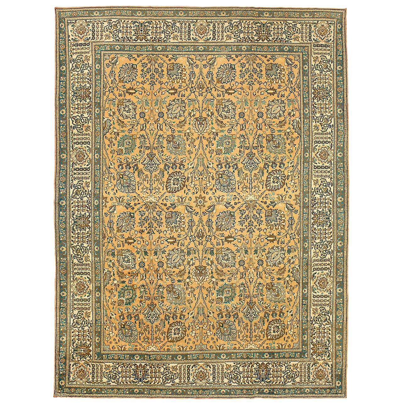 20th Century Antique Persian Tabriz Rug with Brown & Blue All-Over Floral Detail