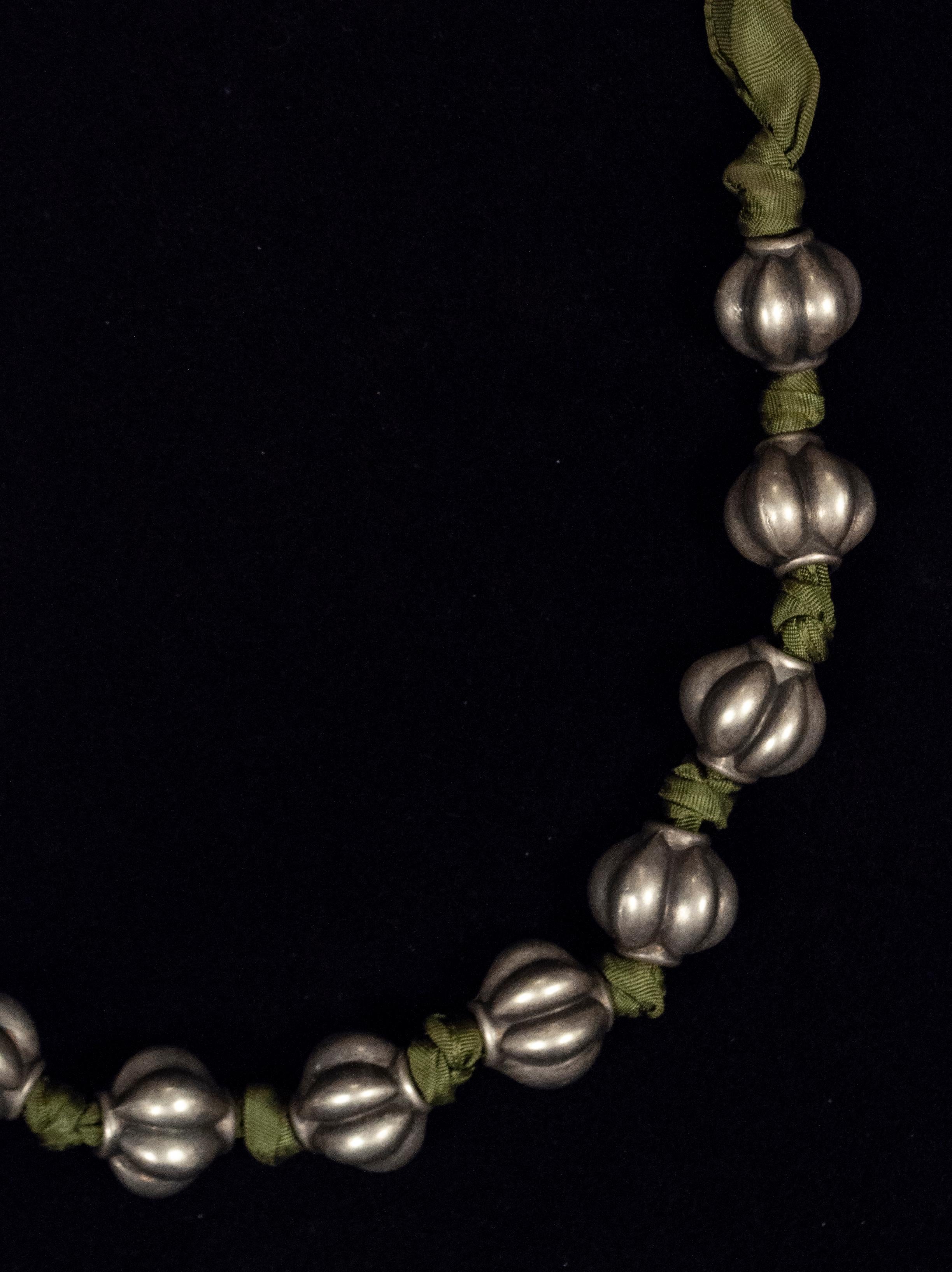 Tribal 20th Century Antique Silver Melon Bead and Green Ribbon Necklace