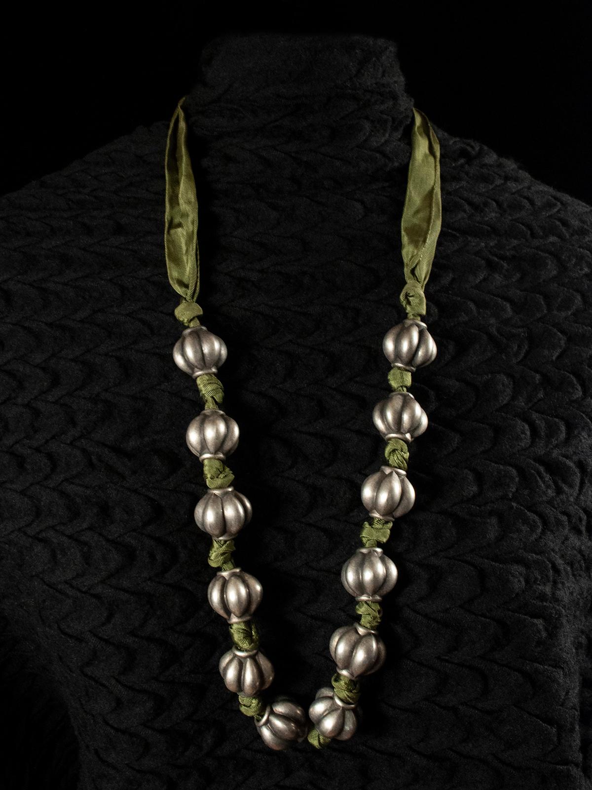 Chinese 20th Century Antique Silver Melon Bead and Green Ribbon Necklace