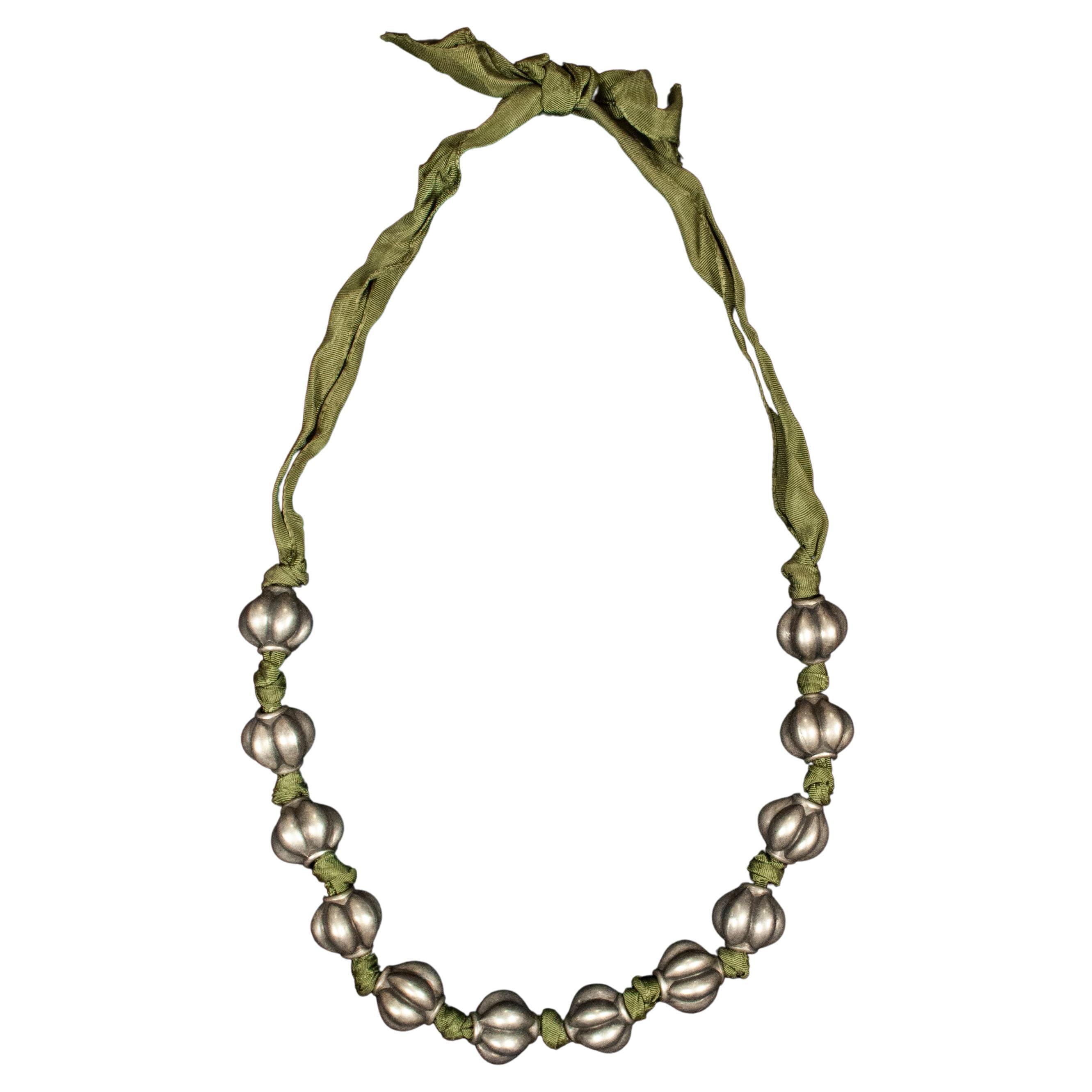20th Century Antique Silver Melon Bead and Green Ribbon Necklace