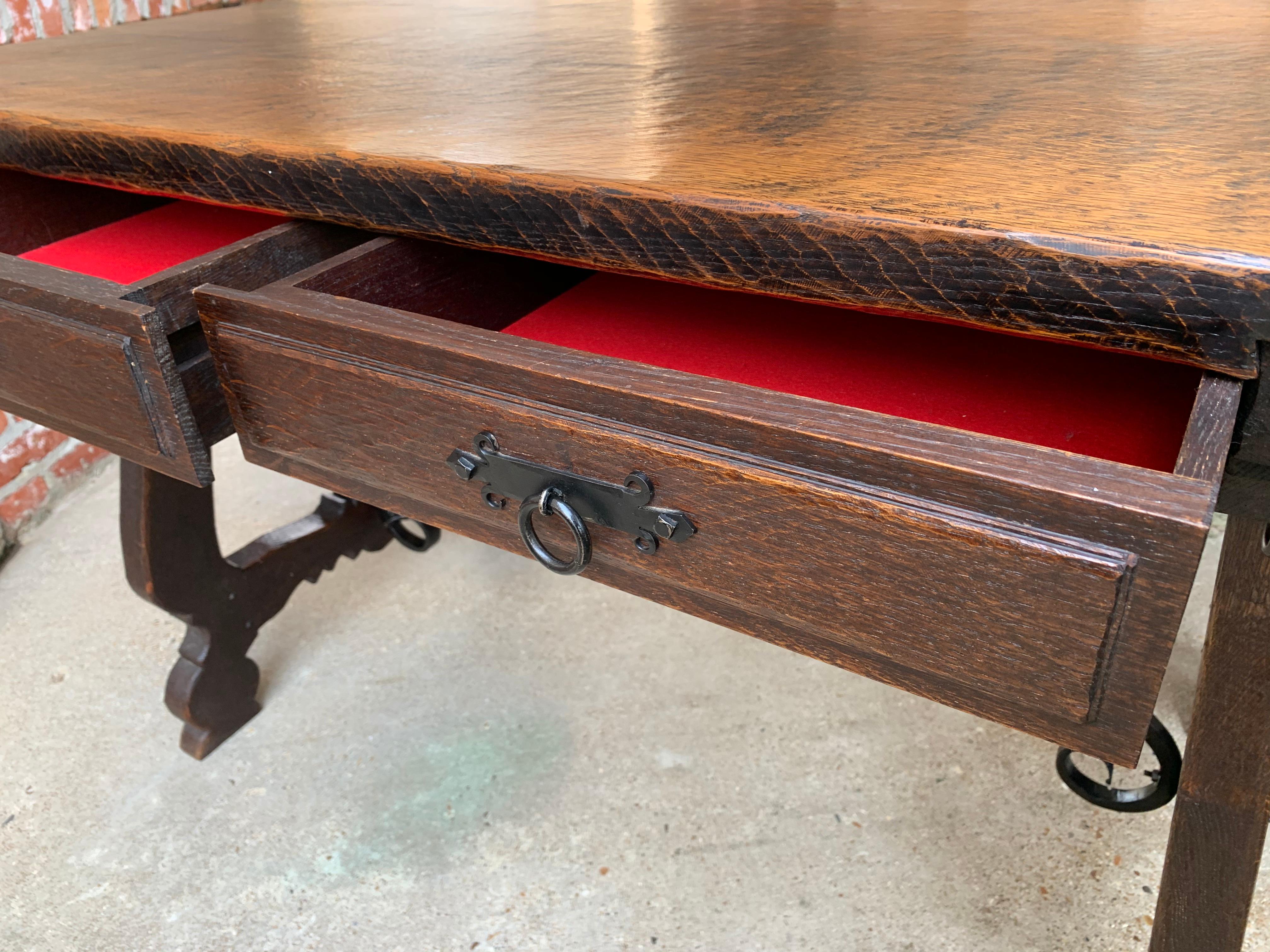 20th Century Antique Spanish Country Carved Oak Desk Writing Table Catalan Iron 6