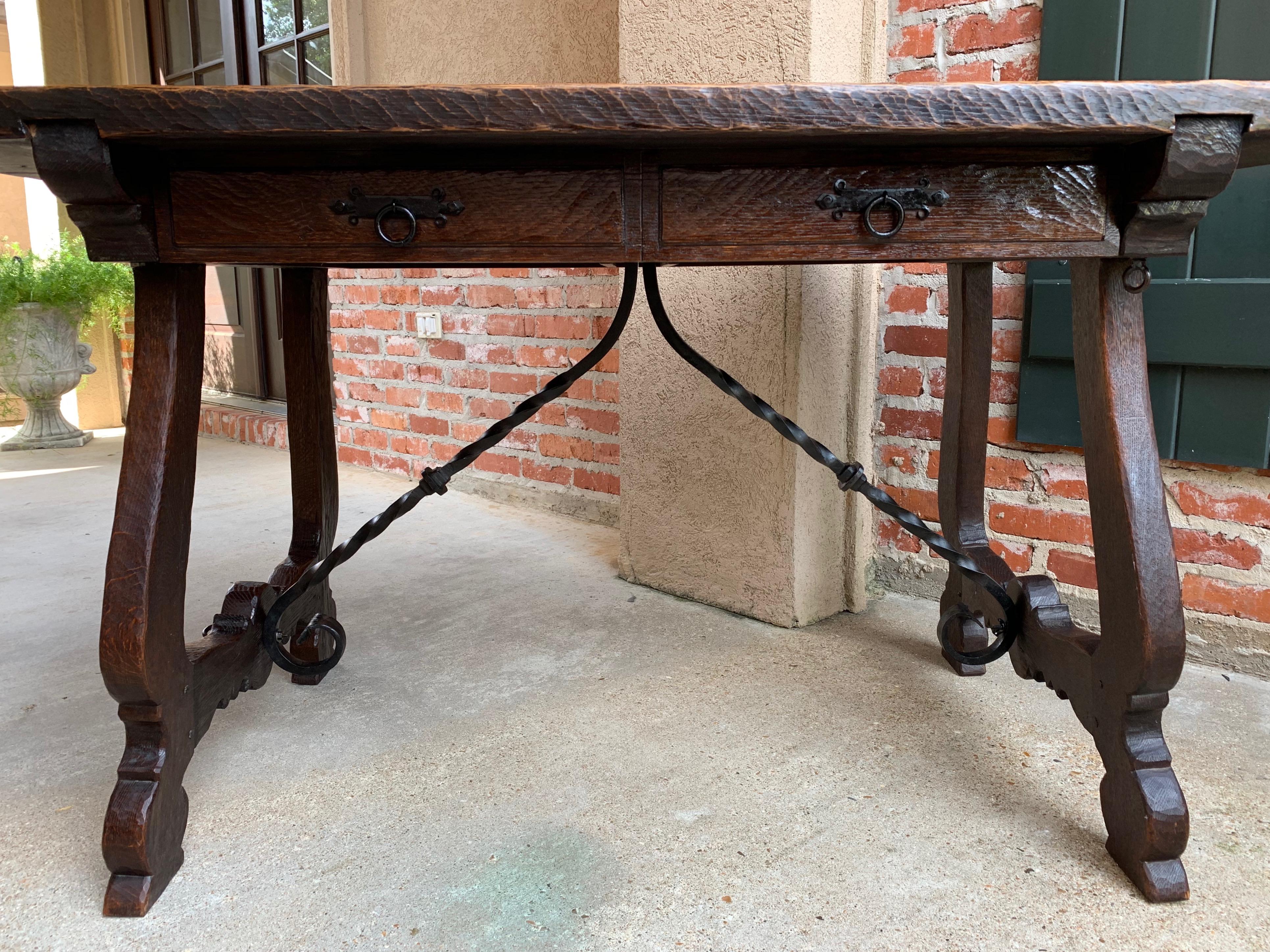 Spanish Colonial 20th Century Antique Spanish Country Carved Oak Desk Writing Table Catalan Iron