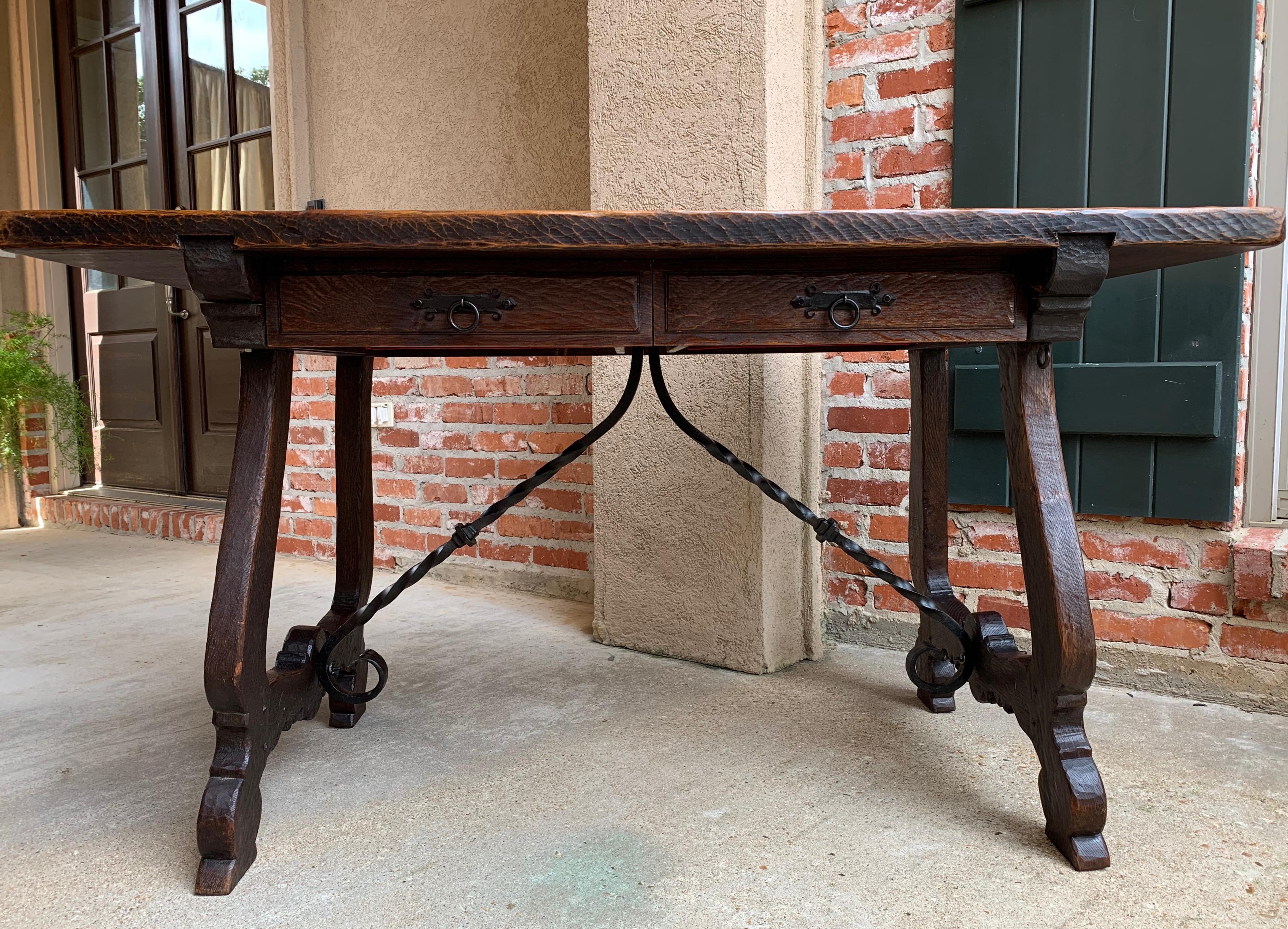 20th Century Antique Spanish Country Carved Oak Desk Writing Table Catalan Iron 1