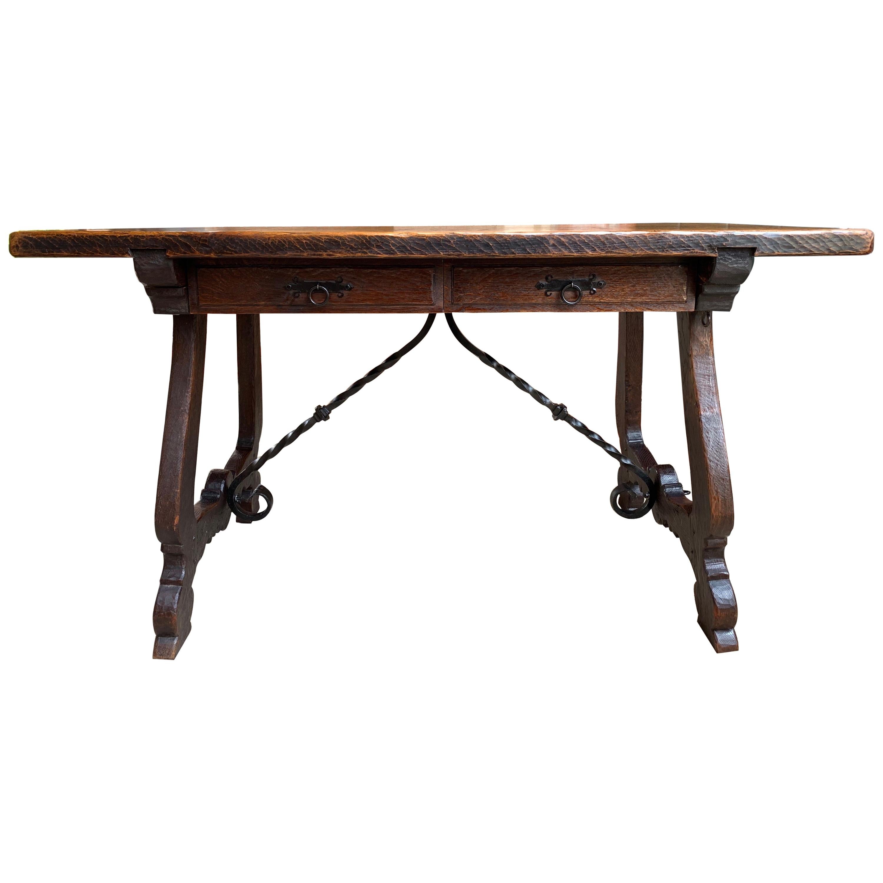 20th Century Antique Spanish Country Carved Oak Desk Writing Table Catalan Iron