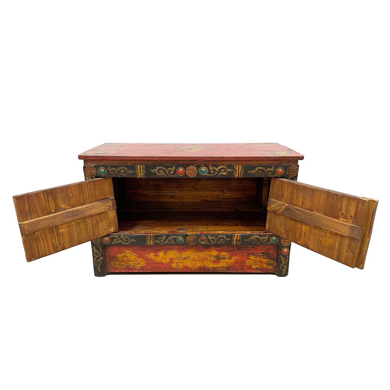 This antique Tibetan coffee table is 100% hand made and hand painted the traditional Tibetan art - Tibetan Animals and floral design on all four sides and top using mineral painting which last the paint a much longer time. You can see from the