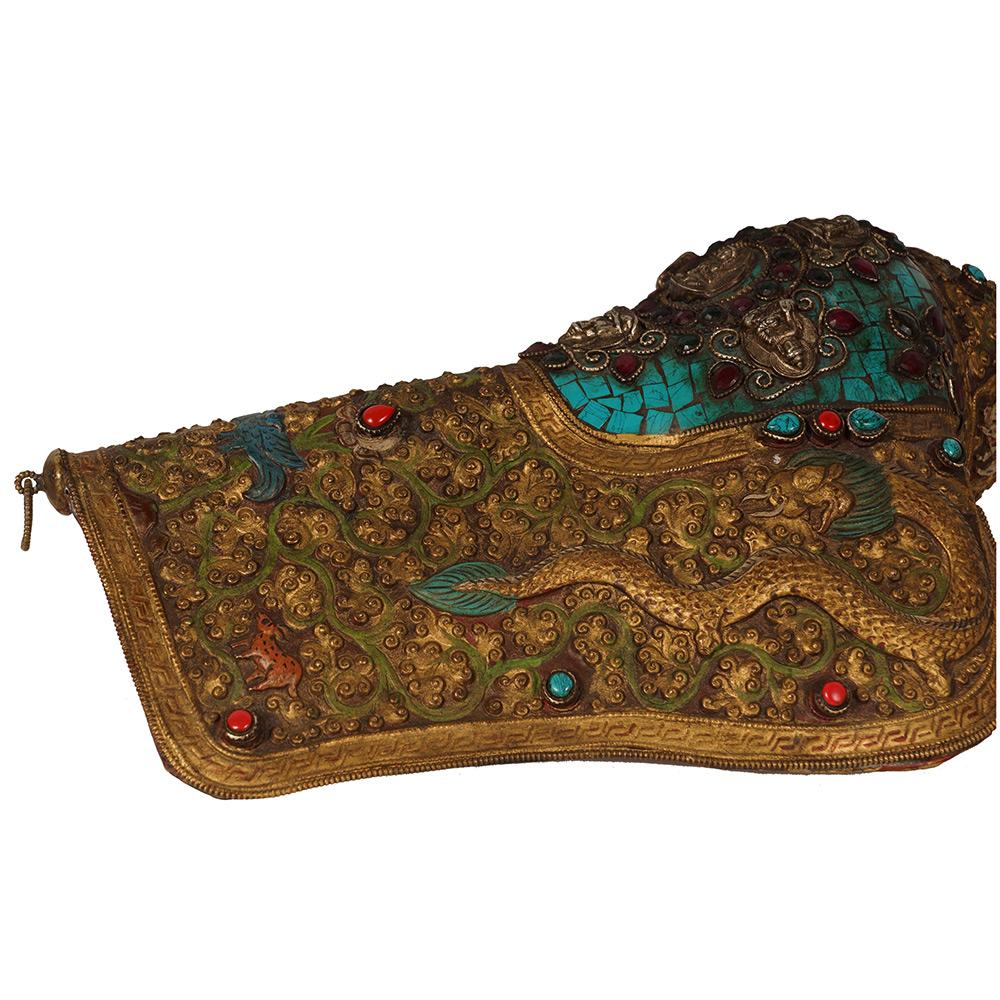 20th Century Antique Tibetan Buddhist Conch Shell with Turquoise, Coral Inlay In Fair Condition In Pomona, CA