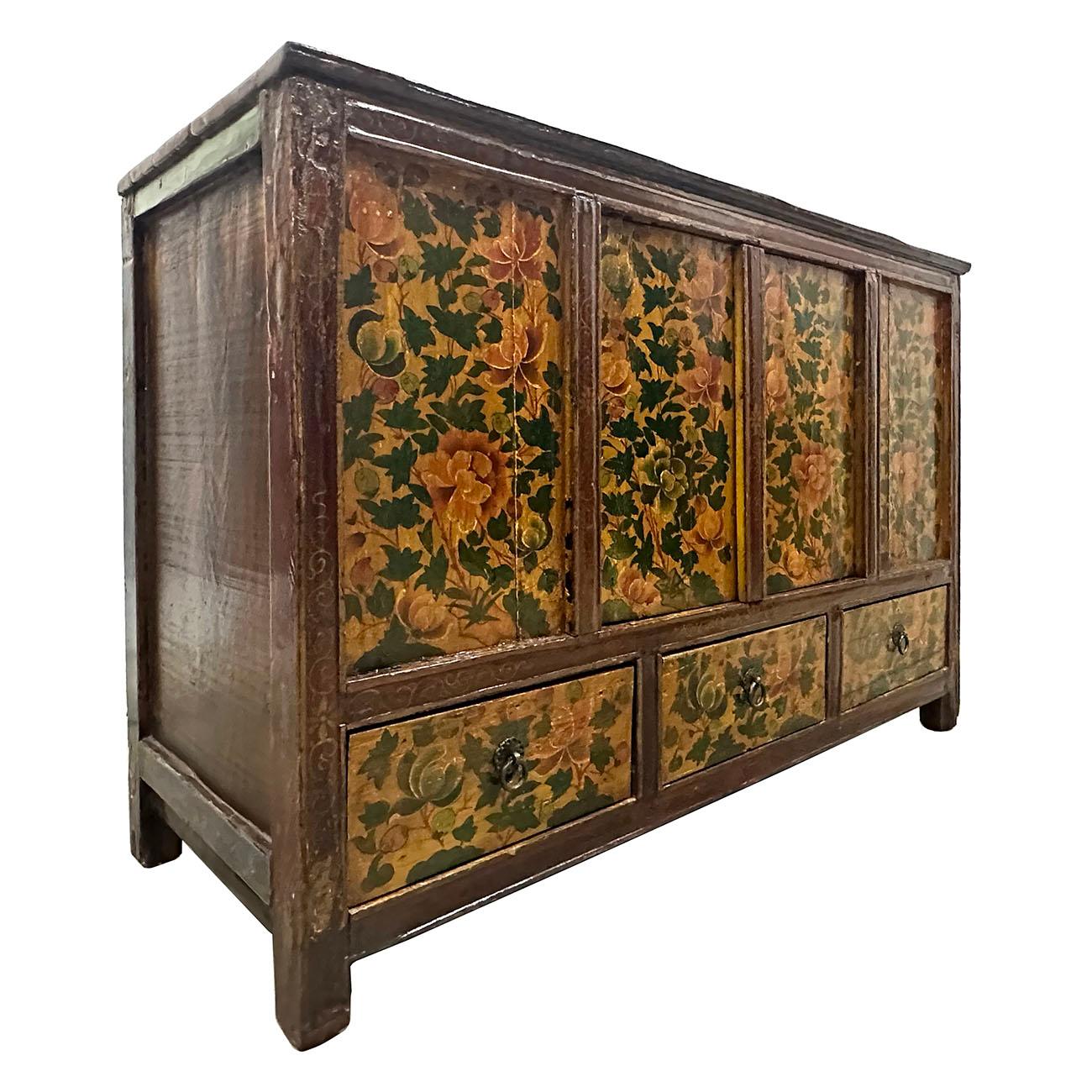 This Antique Tibetan Painted Cabinet is 100% hand made and hand painted using mineral painting which last the paint a much longer time. You can see some of the finish has already lost. This Cabinet has a double removable doors compartment on the