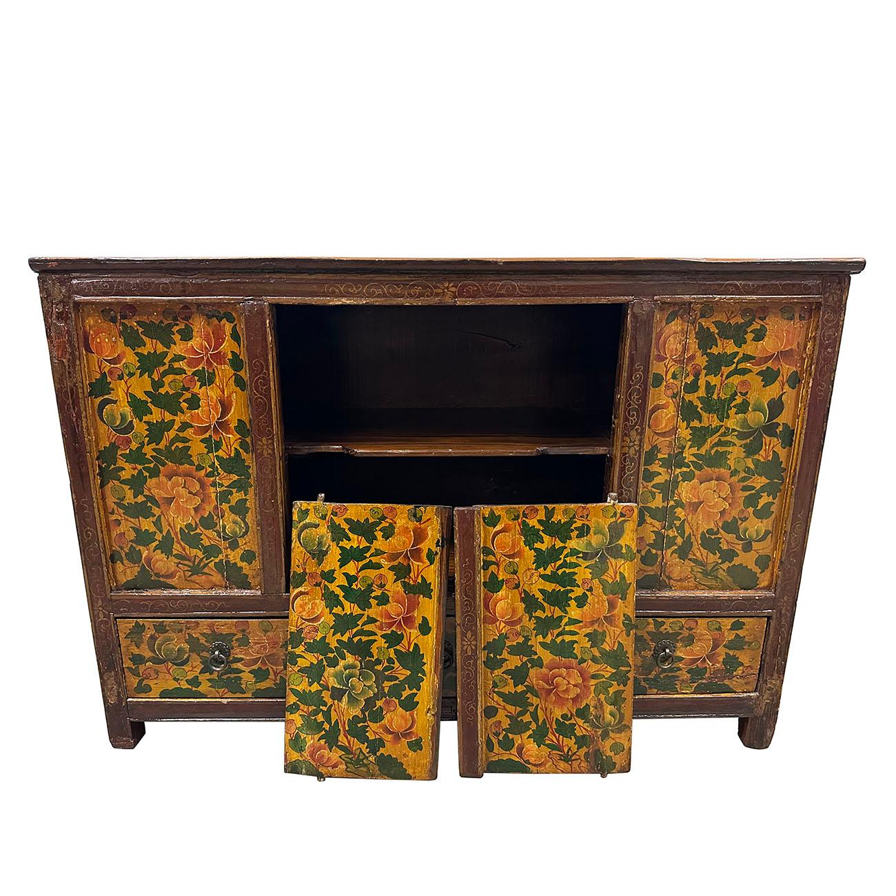 Chinese 20th Century Antique Tibetan Hand Painted Credenza Storage Cabinet For Sale