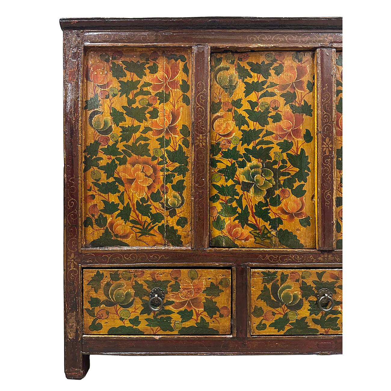 Hand-Painted 20th Century Antique Tibetan Hand Painted Credenza Storage Cabinet For Sale